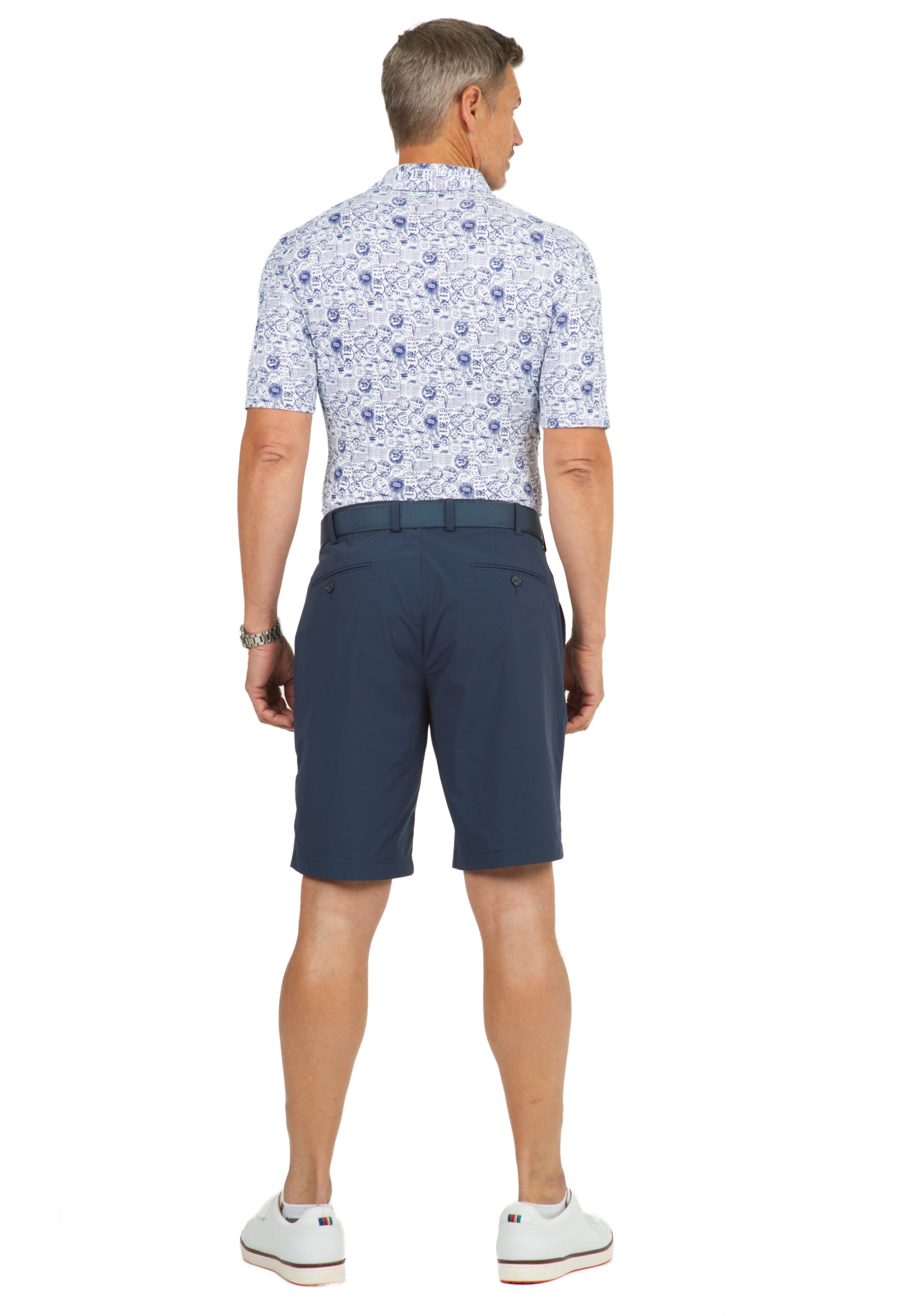 IBKÜL - Antique Stamp Print Short Sleeve Polo - 94147 (Modern Fit) - Color: Navy/White