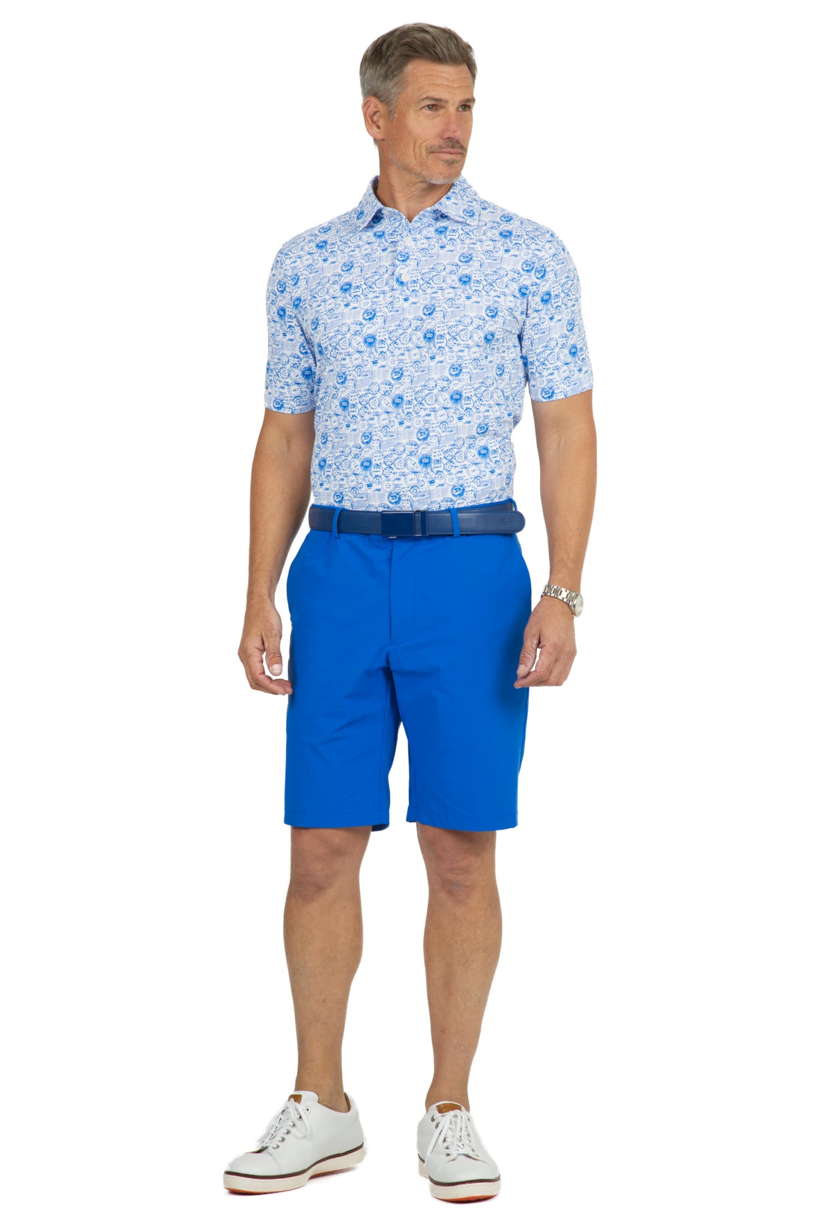 IBKÜL - Antique Stamp Print Short Sleeve Polo - 94147 (Modern Fit) - Color: Royal/White