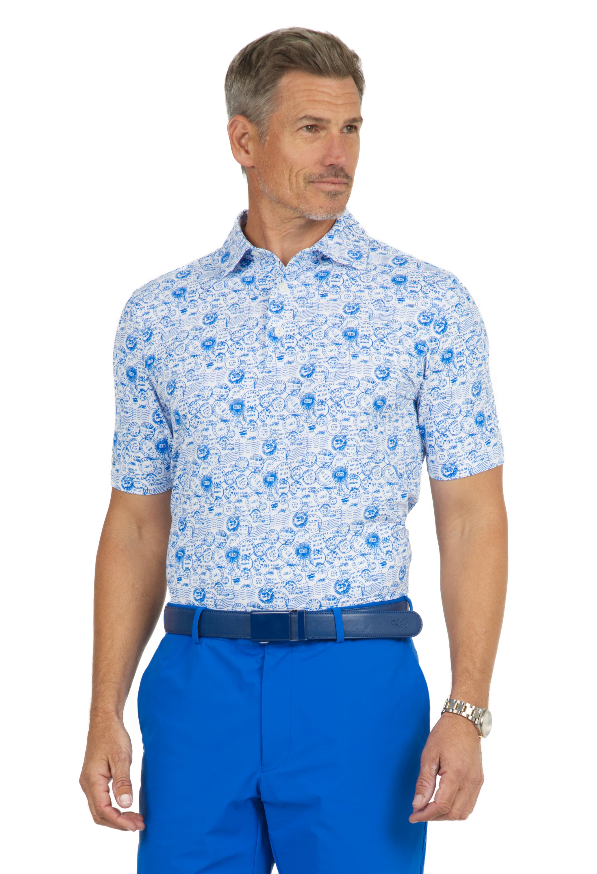 IBKÜL - Antique Stamp Print Short Sleeve Polo - 94147 (Modern Fit) - Color: Royal/White