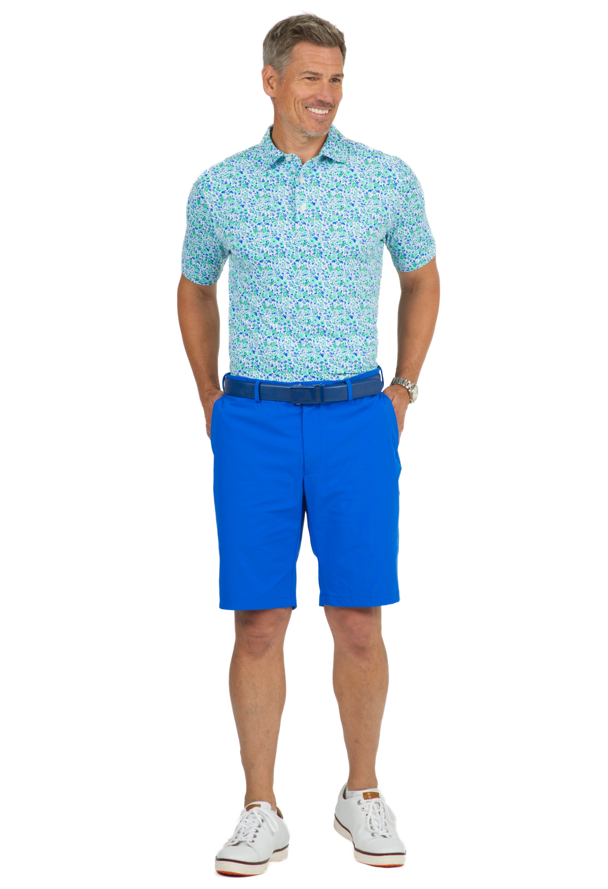 IBKÜL - Flower Power Print Short Sleeve Polo - 94148 (Modern Fit) - Color: Jade/Royal/Green