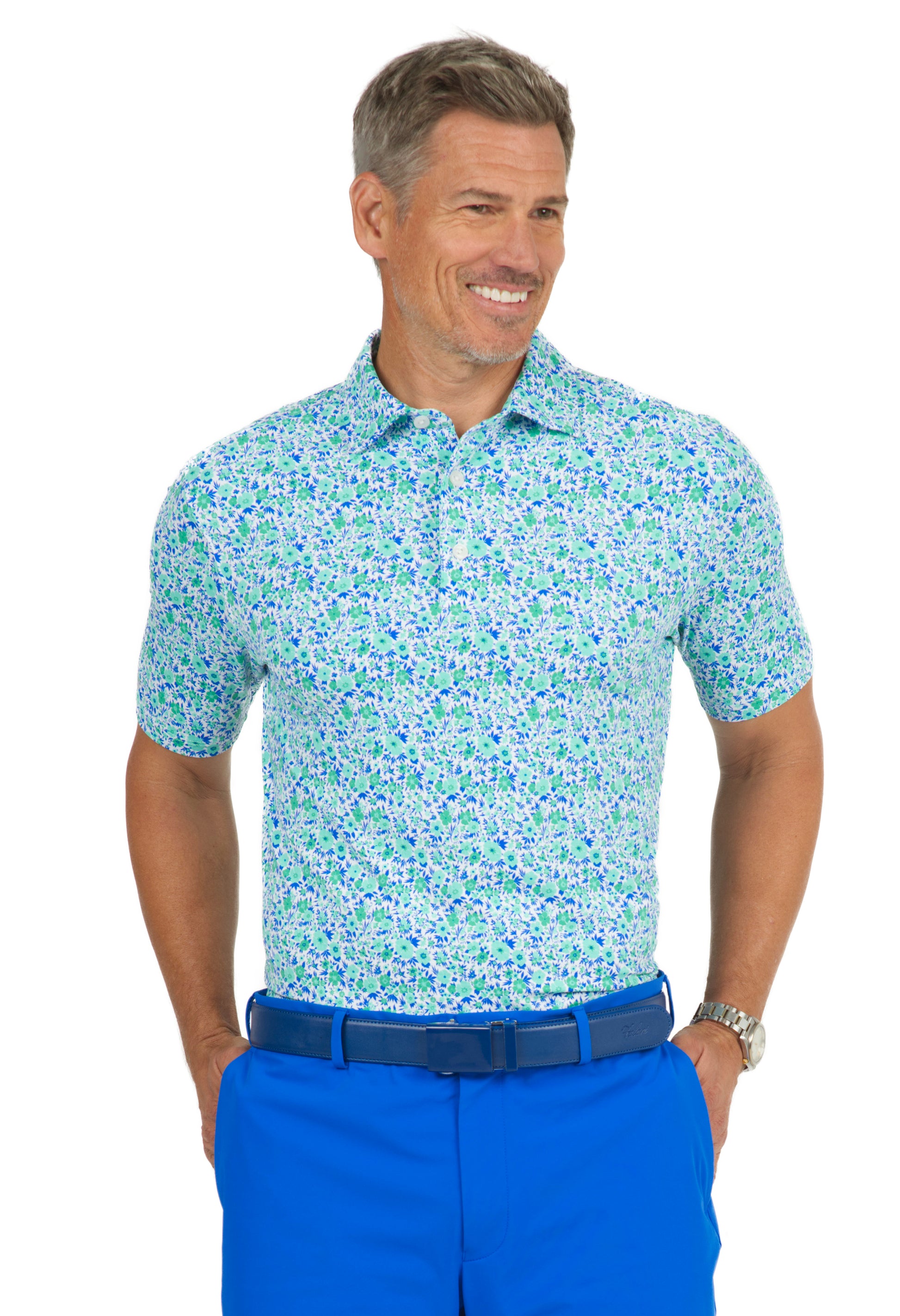 IBKÜL - Flower Power Print Short Sleeve Polo - 94148 (Modern Fit) - Color: Jade/Royal/Green