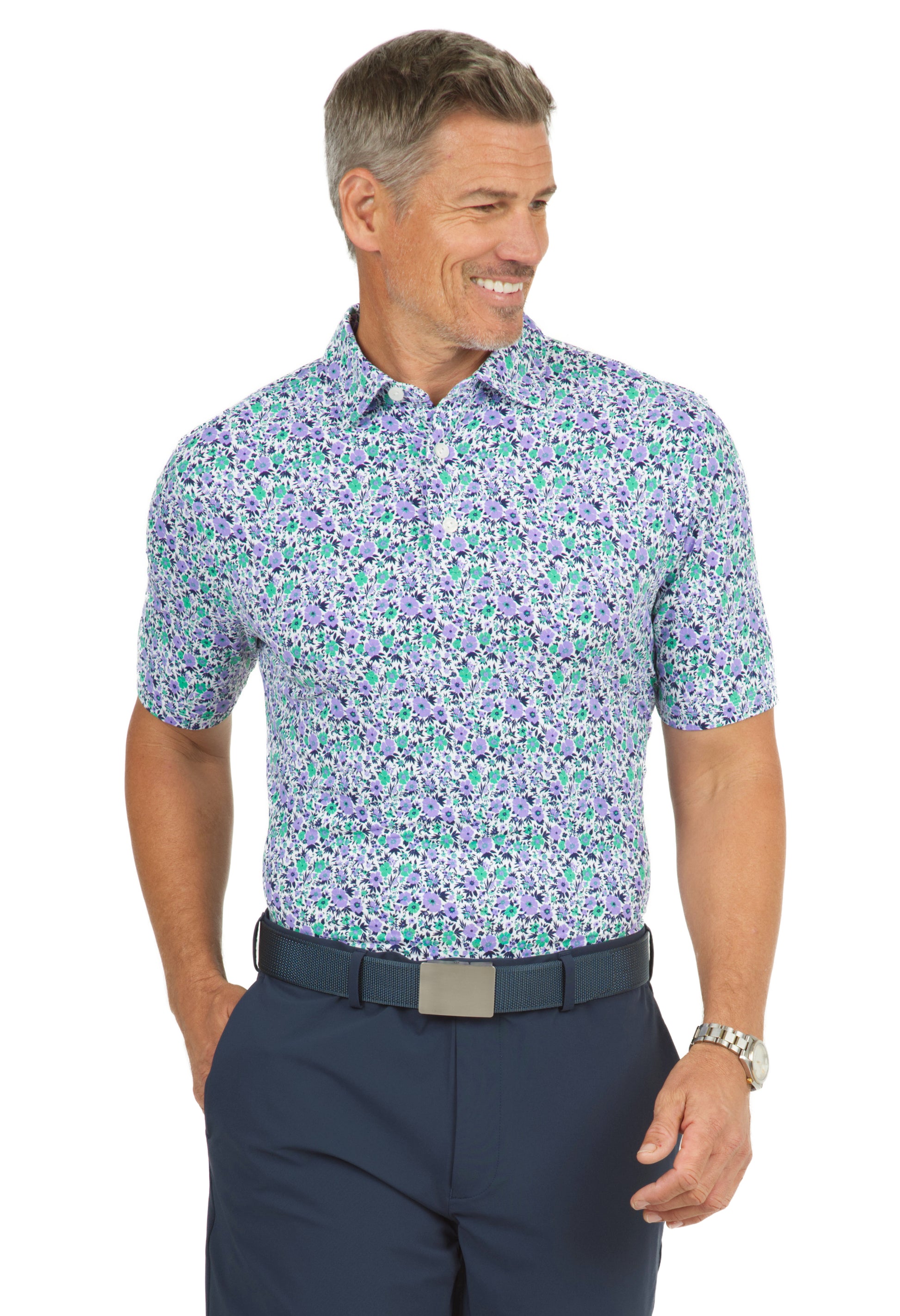 IBKÜL - Flower Power Print Short Sleeve Polo - 94148 (Modern Fit) - Color: Lavender/Navy/Green
