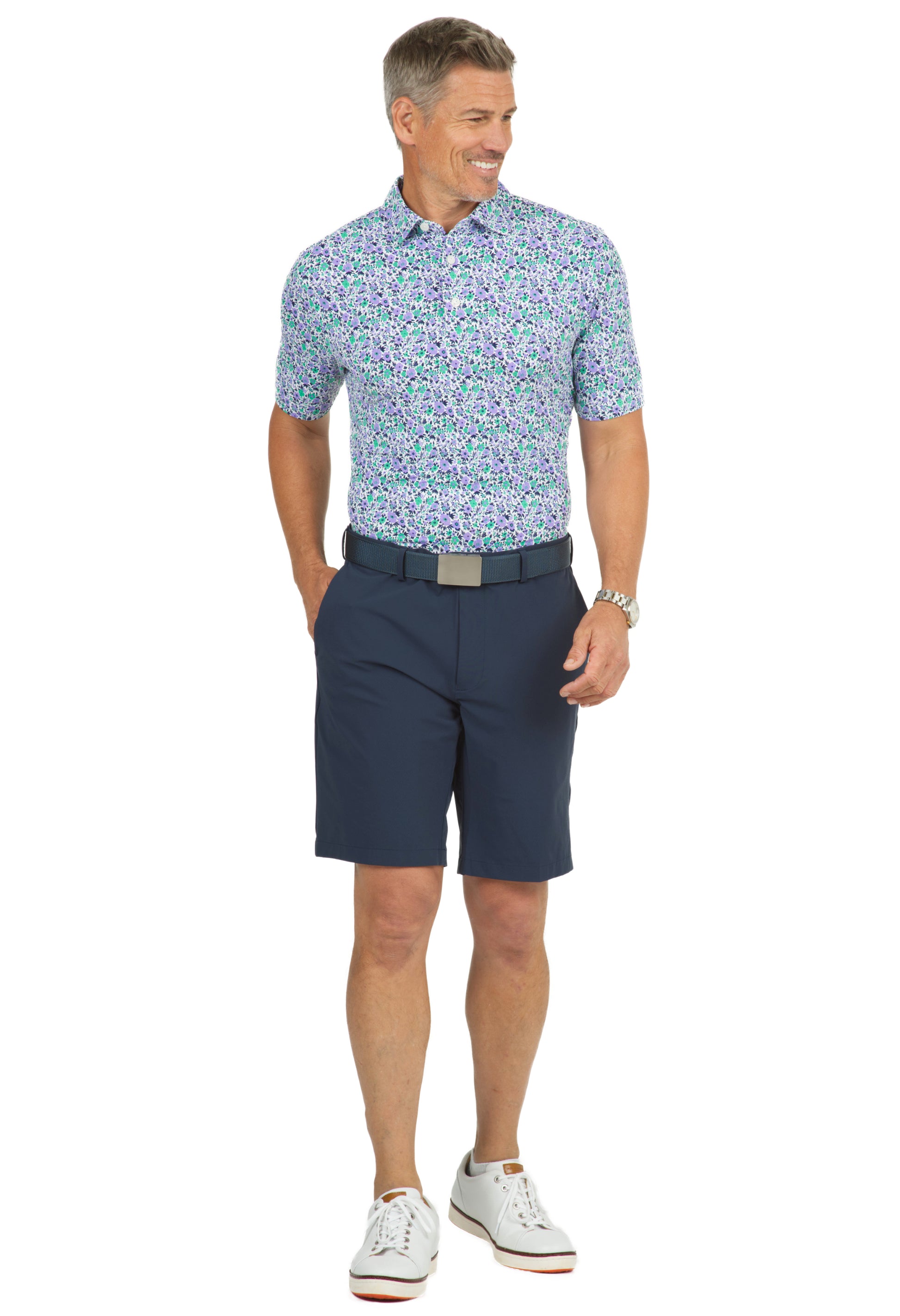 IBKÜL - Flower Power Print Short Sleeve Polo - 94148 (Modern Fit) - Color: Lavender/Navy/Green