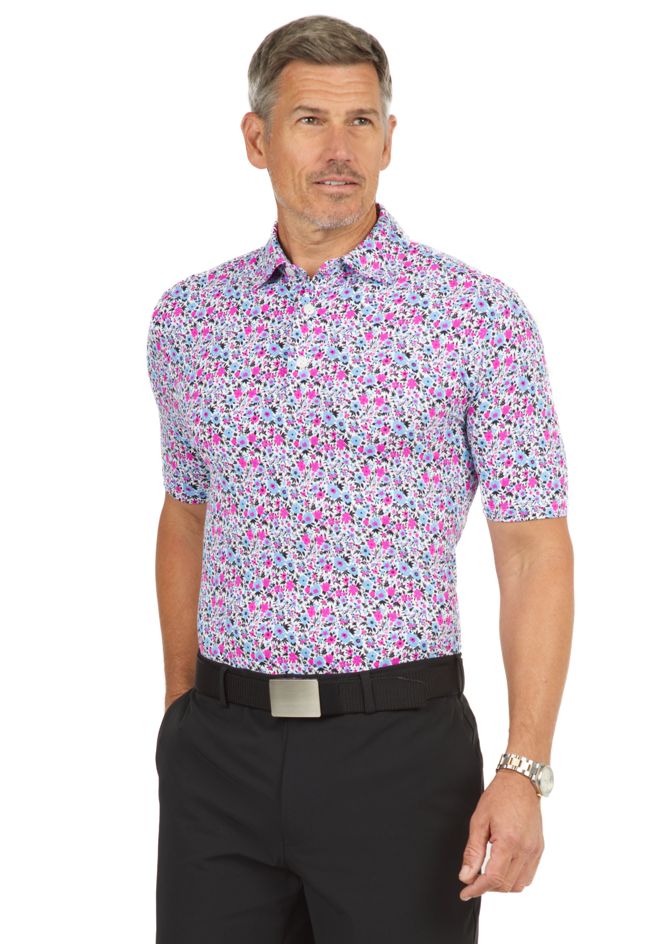 IBKÜL - Flower Power Print Short Sleeve Polo - 94148 (Modern Fit) - Color: White/Peri/Black