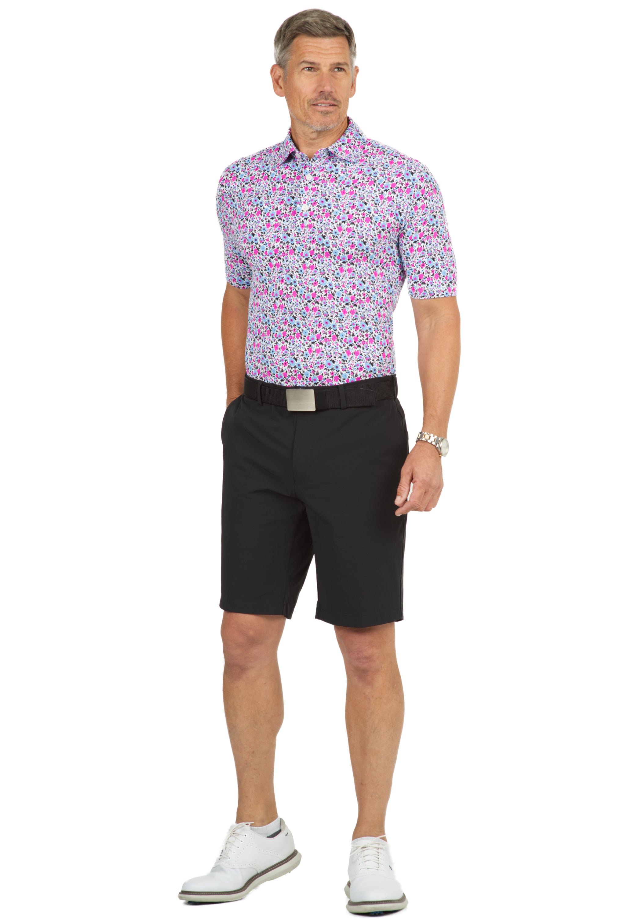 IBKÜL - Flower Power Print Short Sleeve Polo - 94148 (Modern Fit) - Color: White/Peri/Black