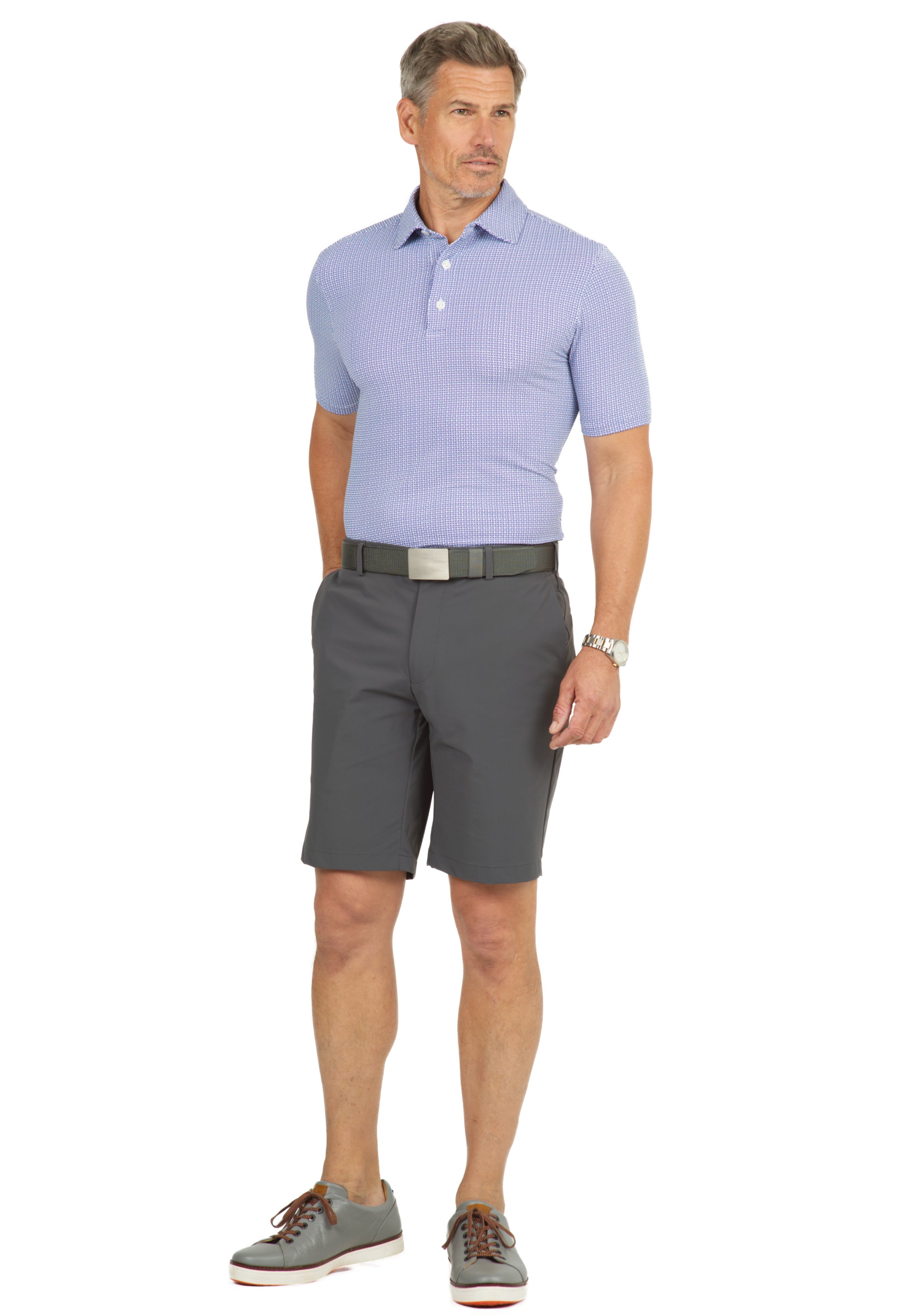 IBKÜL - Circle Grid Print Short Sleeve Polo – 94150 (Modern Fit) - Color: Navy/White/Lavender