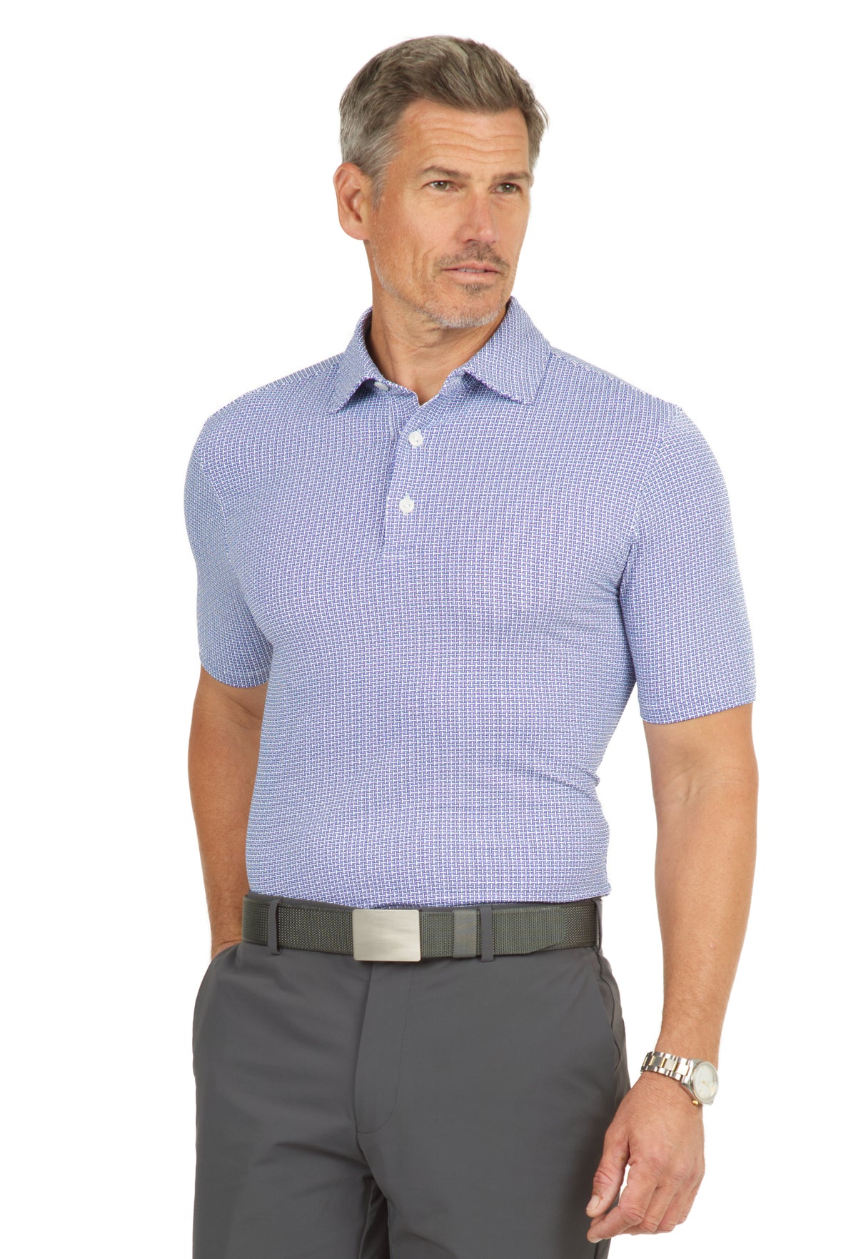 IBKÜL - Circle Grid Print Short Sleeve Polo – 94150 (Modern Fit) - Color: Navy/White/Lavender