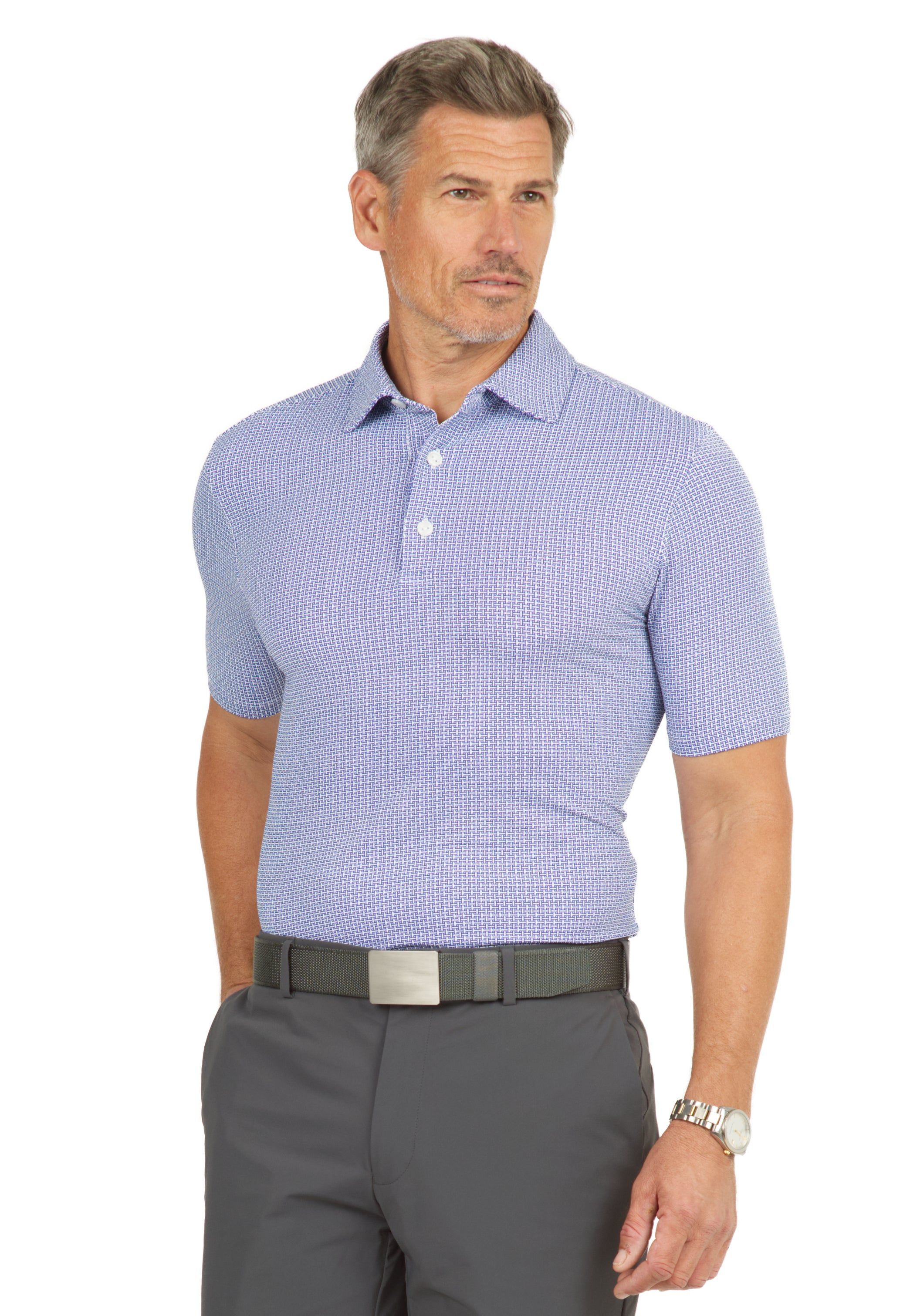 IBKÜL - Circle Grid Print Short Sleeve Polo – 94150 (Modern Fit) - Color: Navy/White/Lavender
