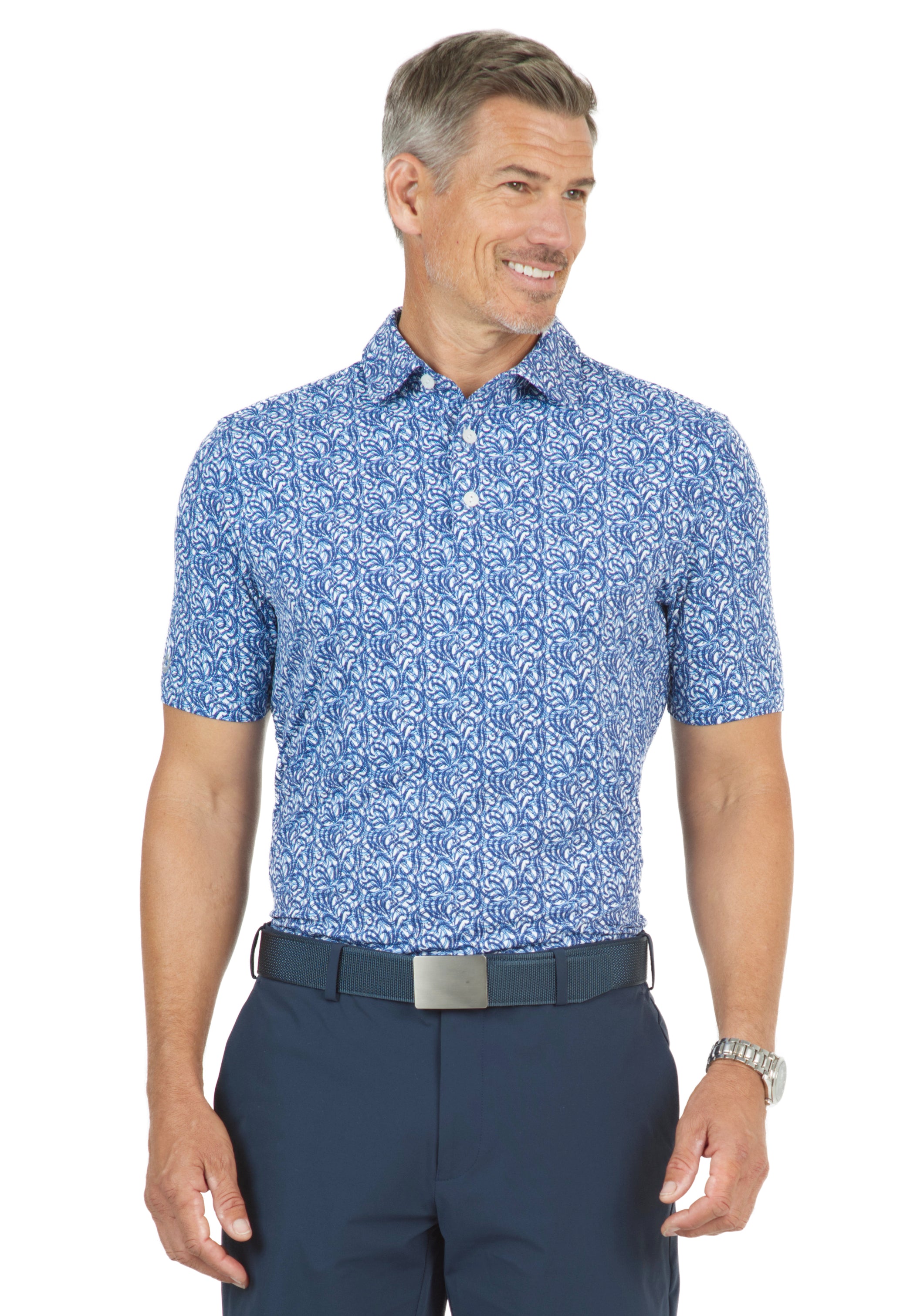 IBKÜL - Seaweed Print Short Sleeve Polo – 94151 (Modern Fit) - Color: Peri/Navy