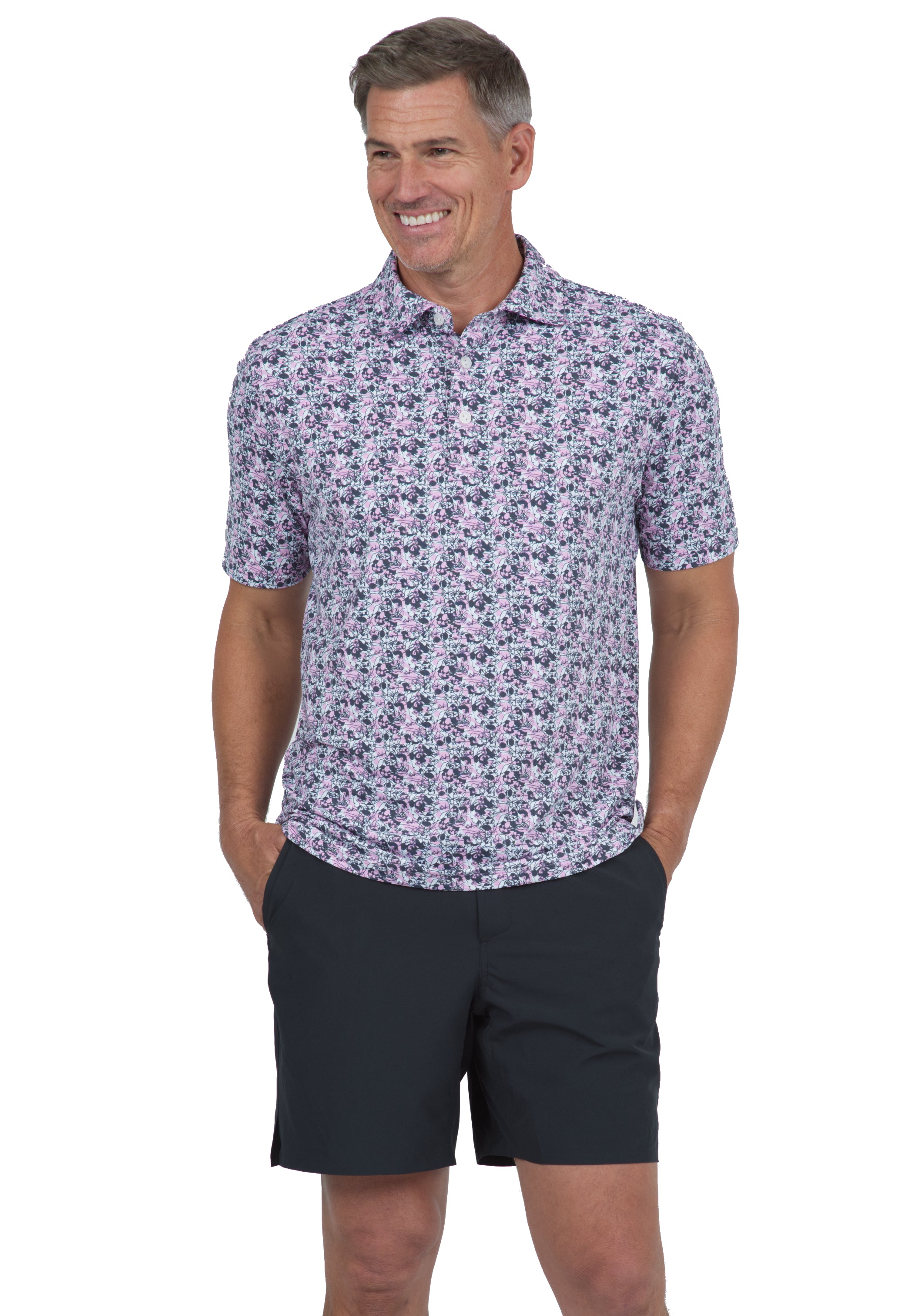 IBKÜL - Chaos Print Short Sleeve Polo – 94162 (Modern Fit) - Color: Lt. Pink/Charcoal