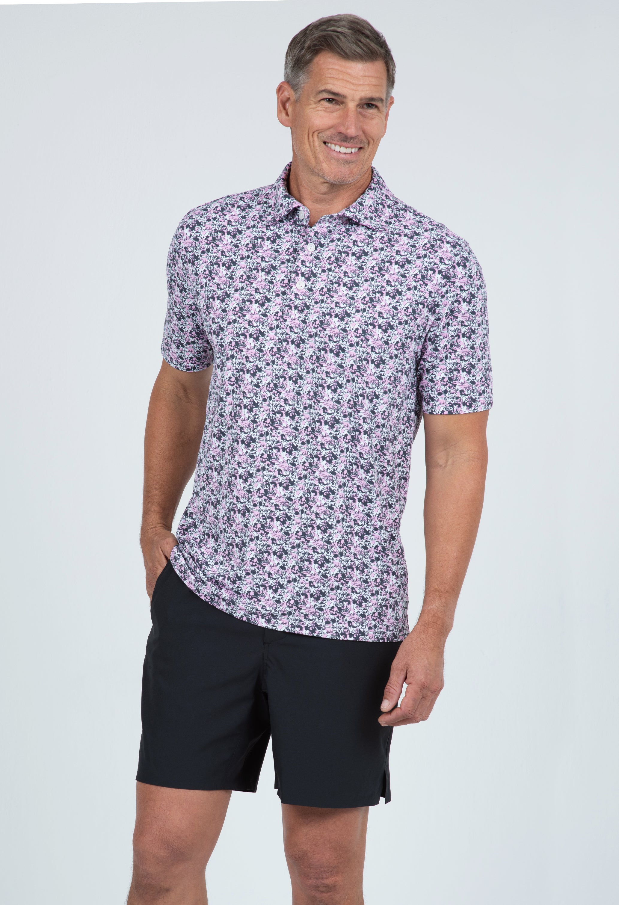 IBKÜL - Chaos Print Short Sleeve Polo – 94162 (Modern Fit) - Color: Lt. Pink/Charcoal