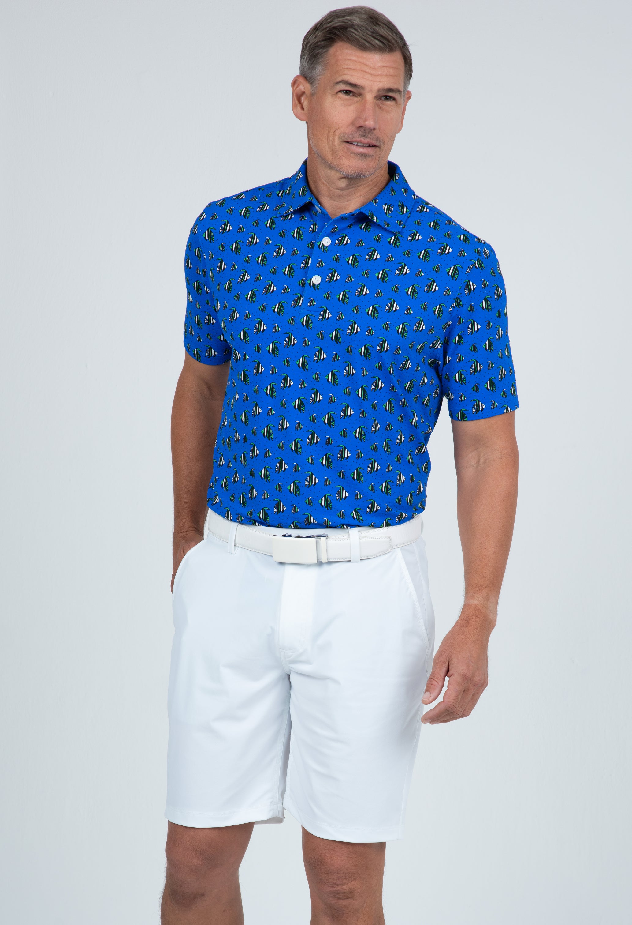 IBKÜL - Angel Fish Print Short Sleeve Polo – 94167 (Modern Fit) - Color: Green/Royal/Black