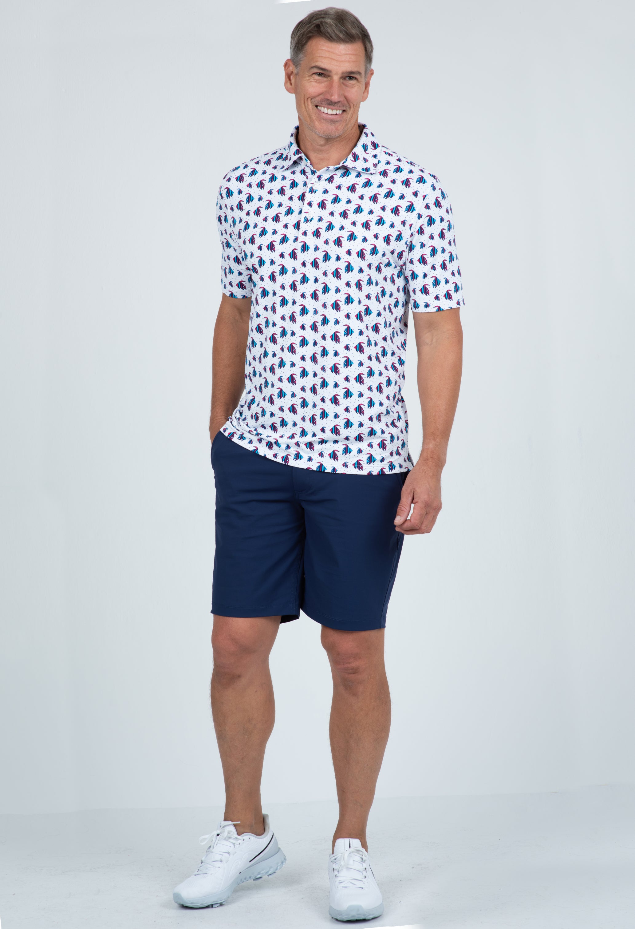 IBKÜL - Angel Fish Print Short Sleeve Polo – 94167 (Modern Fit) - Color: Watermelon/Turq/Wht/Ink