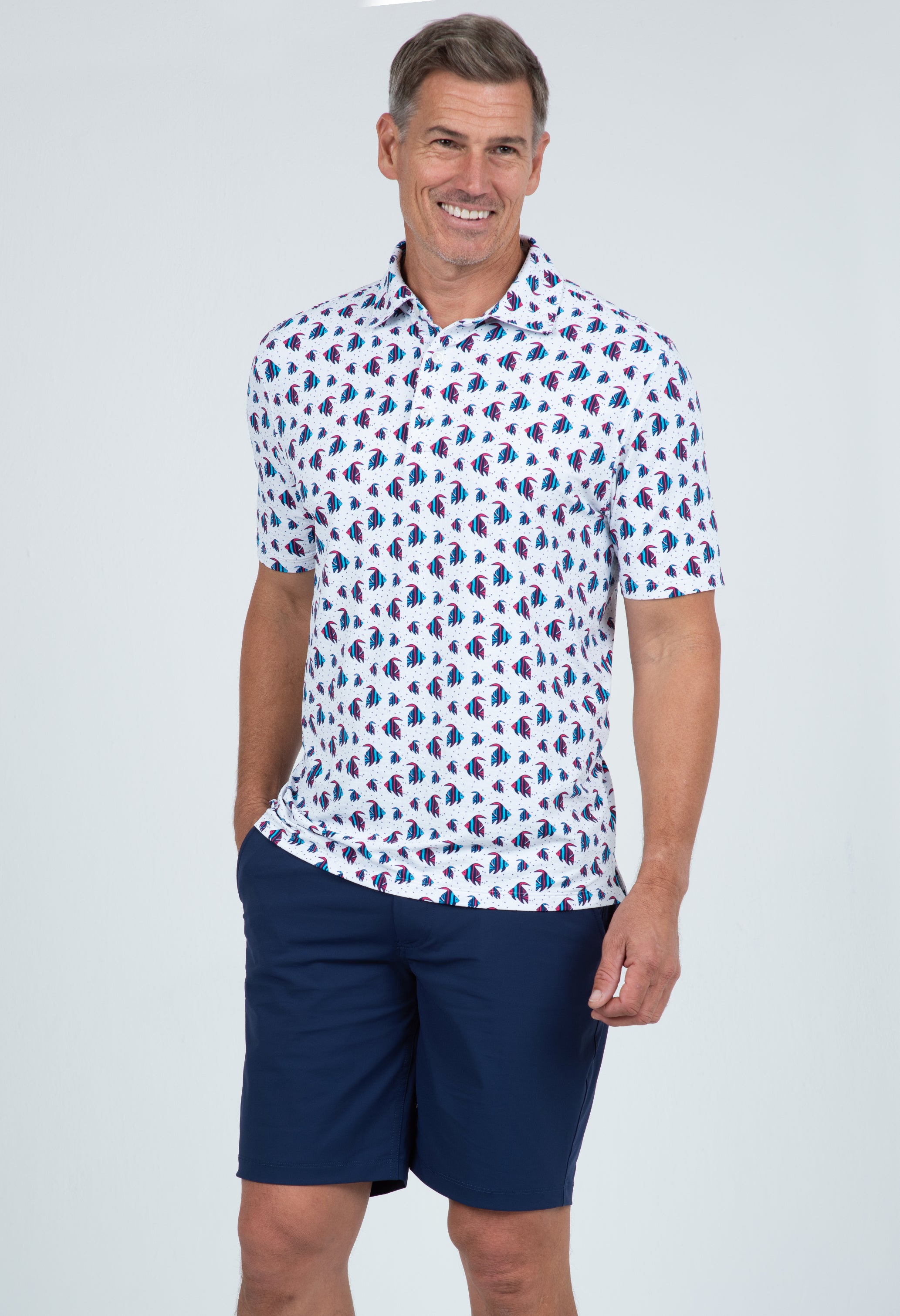 IBKÜL - Angel Fish Print Short Sleeve Polo – 94167 (Modern Fit) - Color: Watermelon/Turq/Wht/Ink