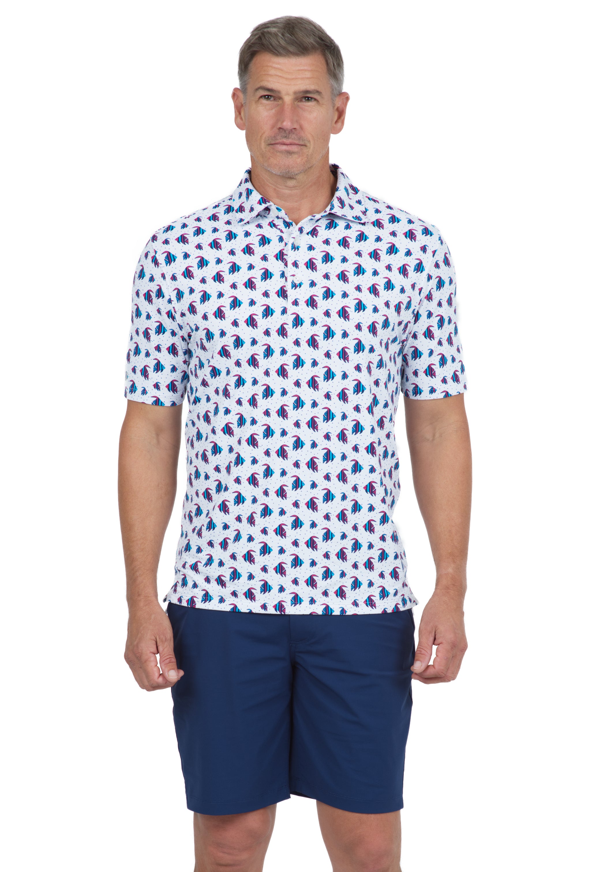 IBKÜL - Angel Fish Print Short Sleeve Polo – 94167 (Modern Fit) - Color: Watermelon/Turq/Wht/Ink