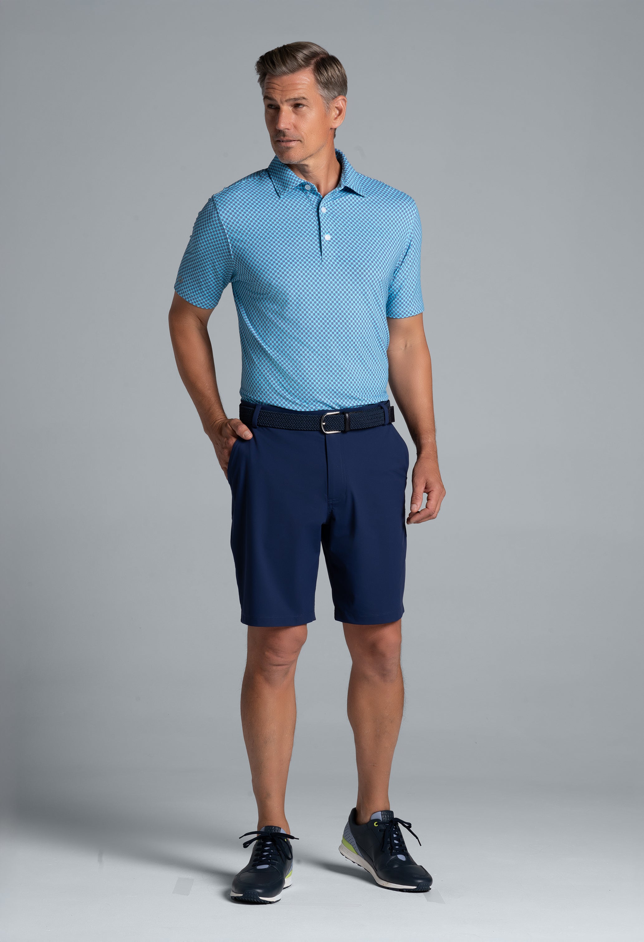 IBKÜL - Square Spiral Print Short Sleeve Polo – 94169 (Modern Fit) - Color: Ink/Turq/White