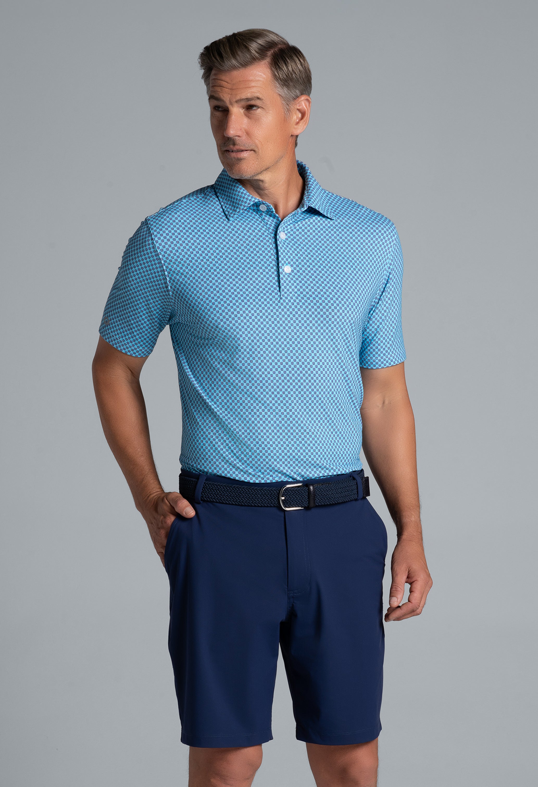 IBKÜL - Square Spiral Print Short Sleeve Polo – 94169 (Modern Fit) - Color: Ink/Turq/White