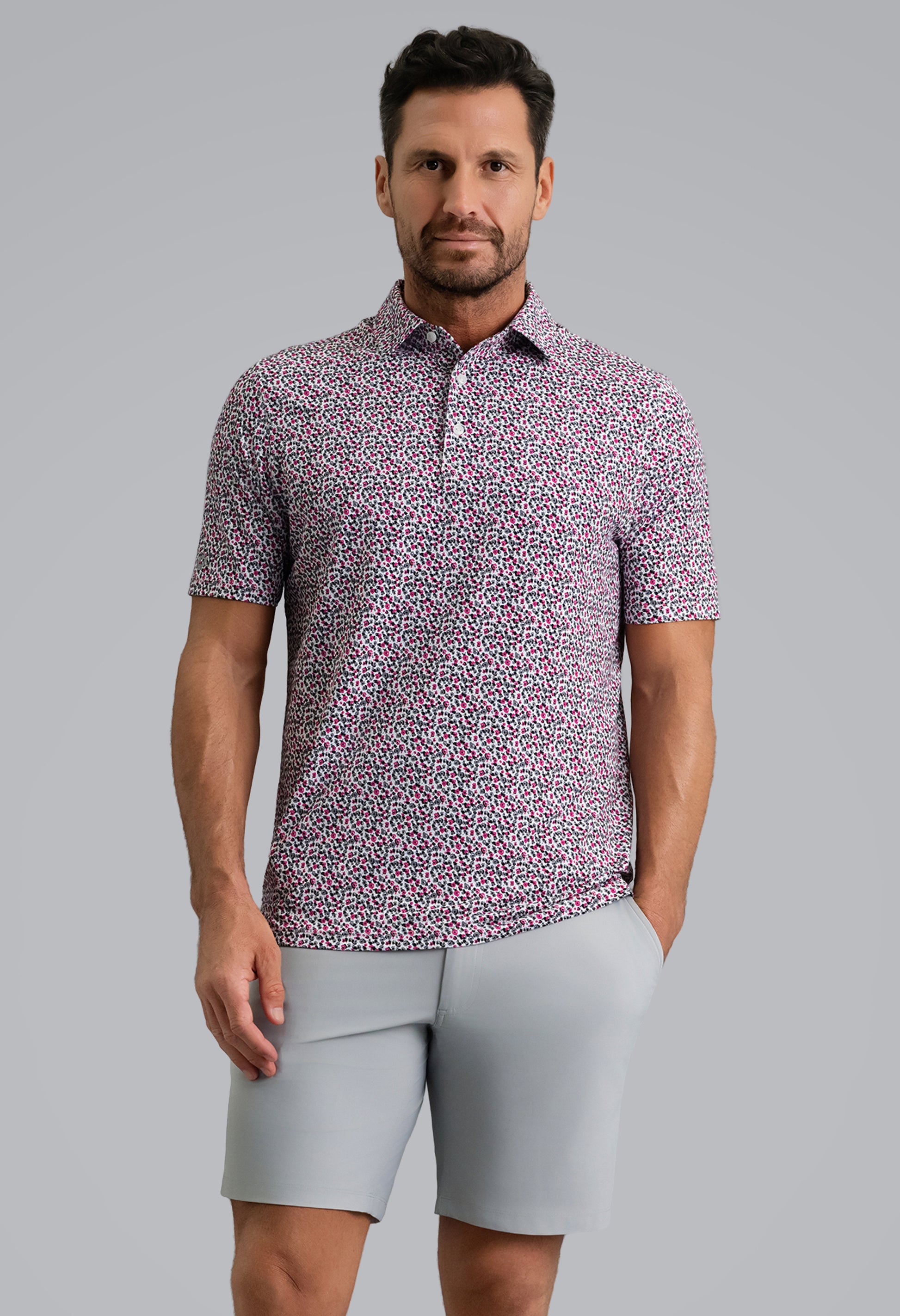 IBKÜL - Mirabel Short Sleeve Polo - Color: Platinum/Rose/Black