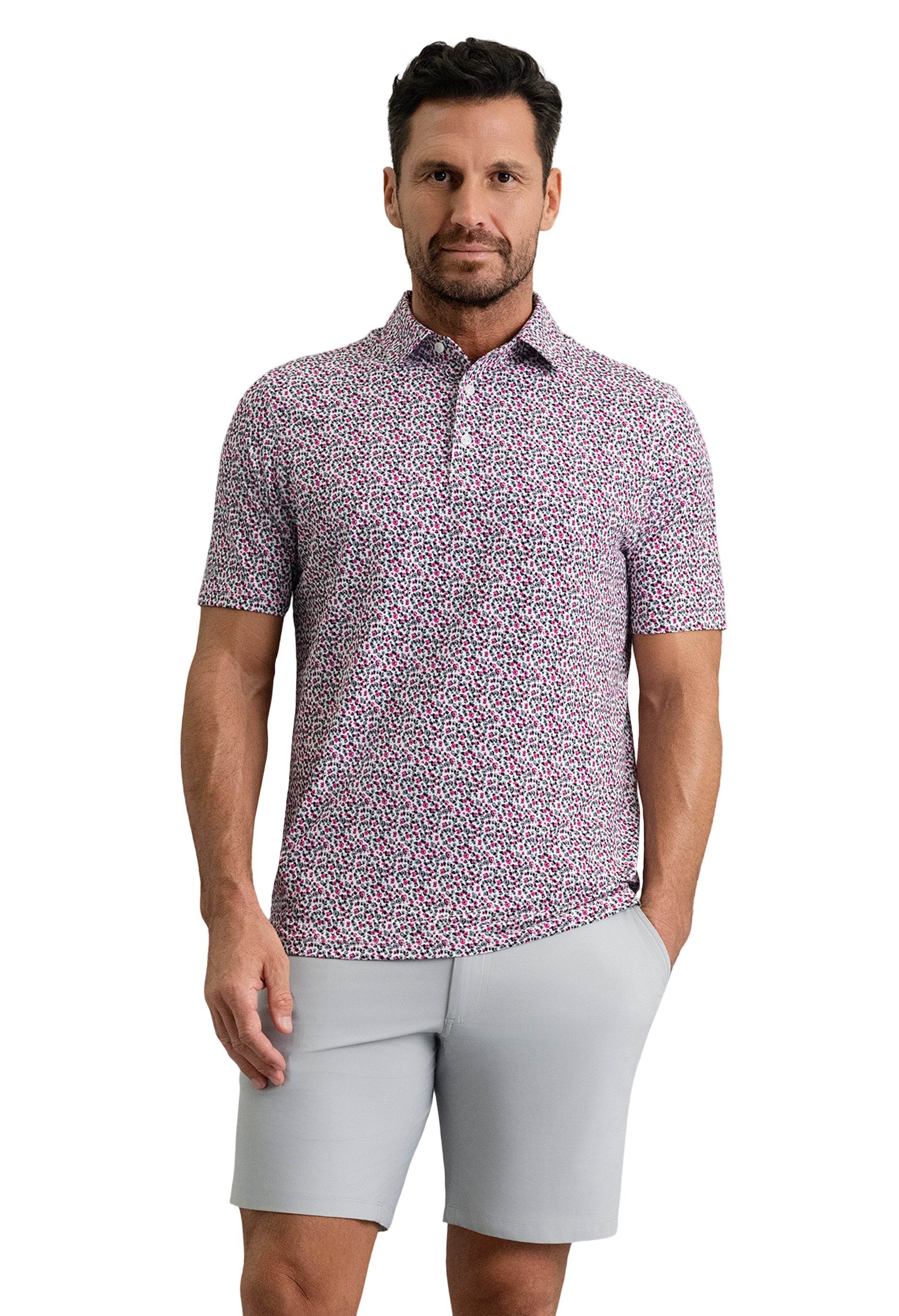 IBKÜL - Mirabel Short Sleeve Polo - Color: Platinum/Rose/Black