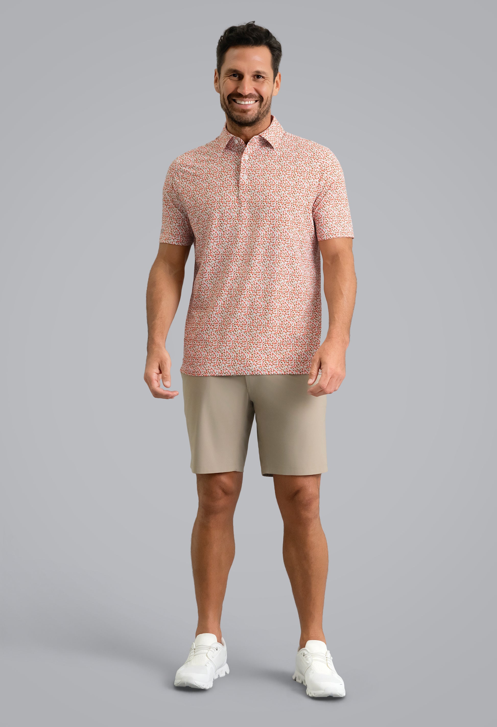 IBKÜL - Mirabel Short Sleeve Polo - Color: Peach/Stone/Chocolate