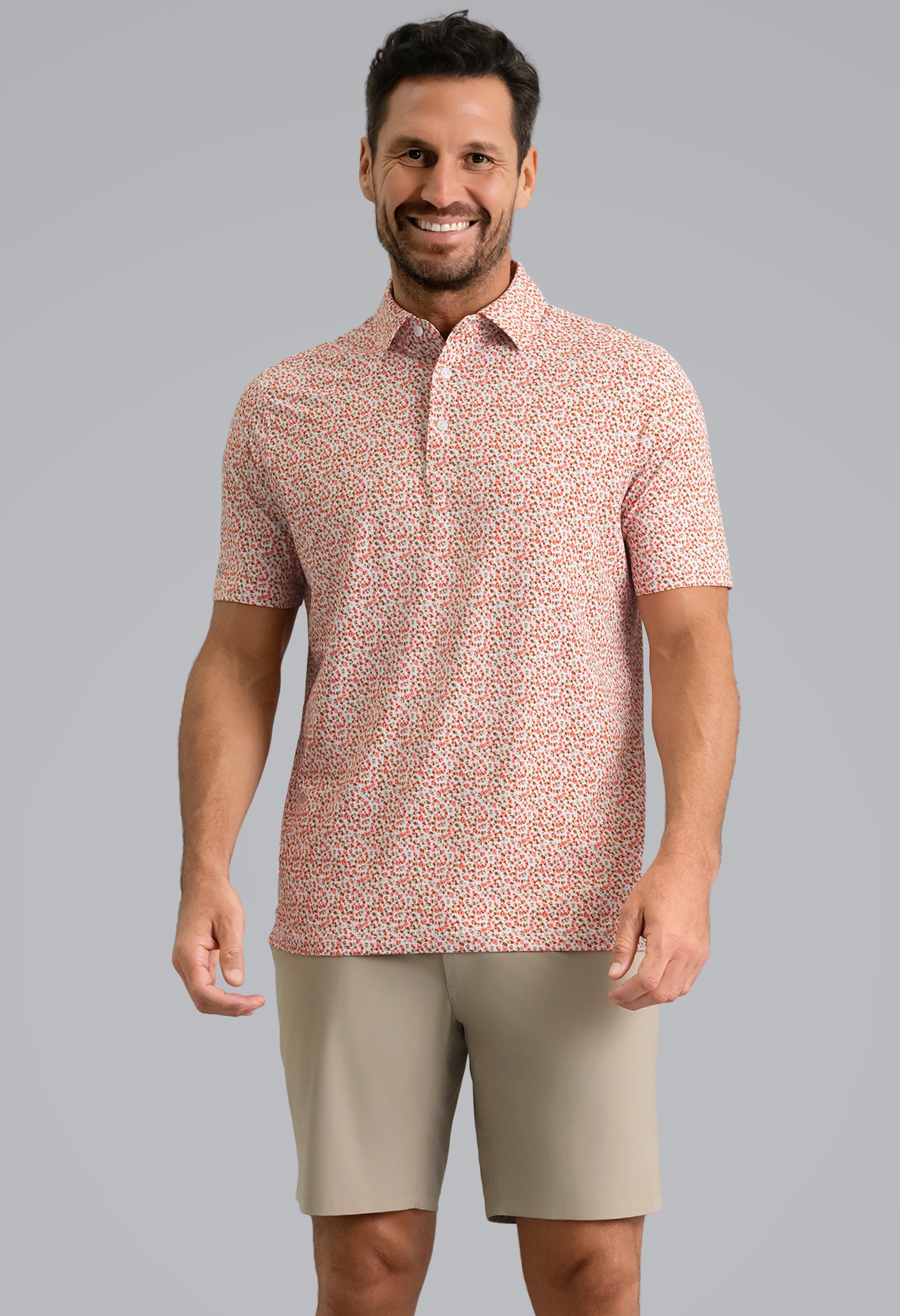 IBKÜL - Mirabel Short Sleeve Polo - Color: Peach/Stone/Chocolate