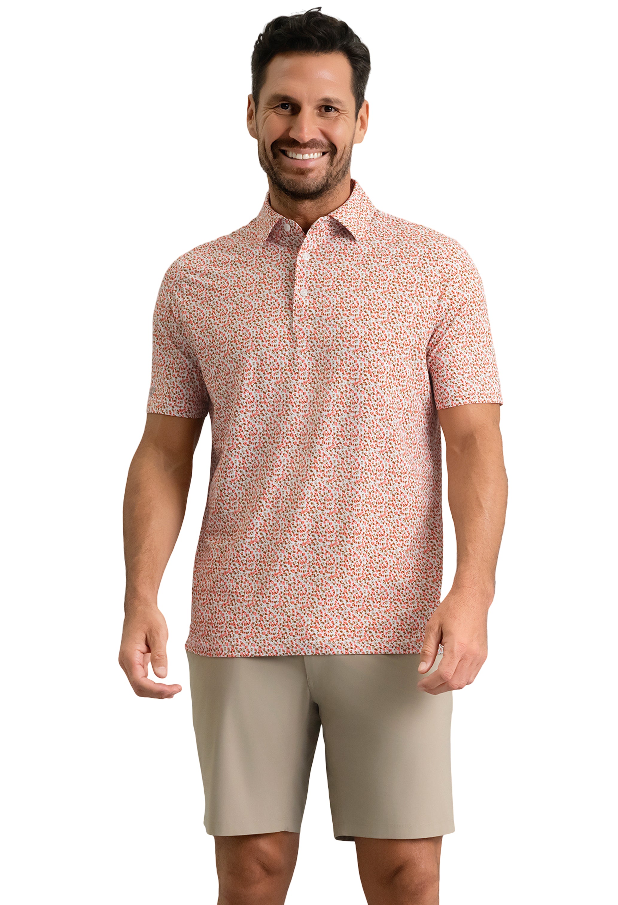 IBKÜL - Mirabel Short Sleeve Polo - Color: Peach/Stone/Chocolate