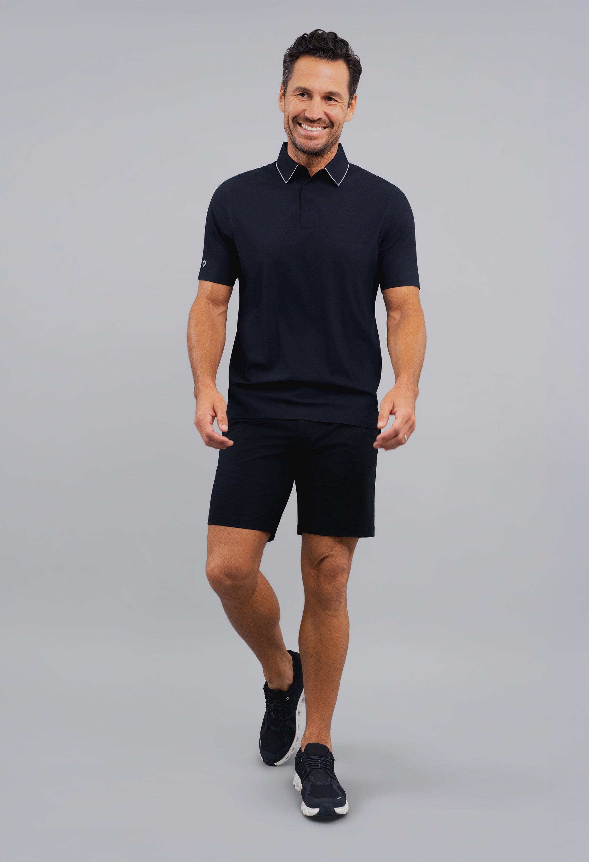IBKÜL - Rib Knit Short Sleeve Polo - Color: Black/Platinum Trim
