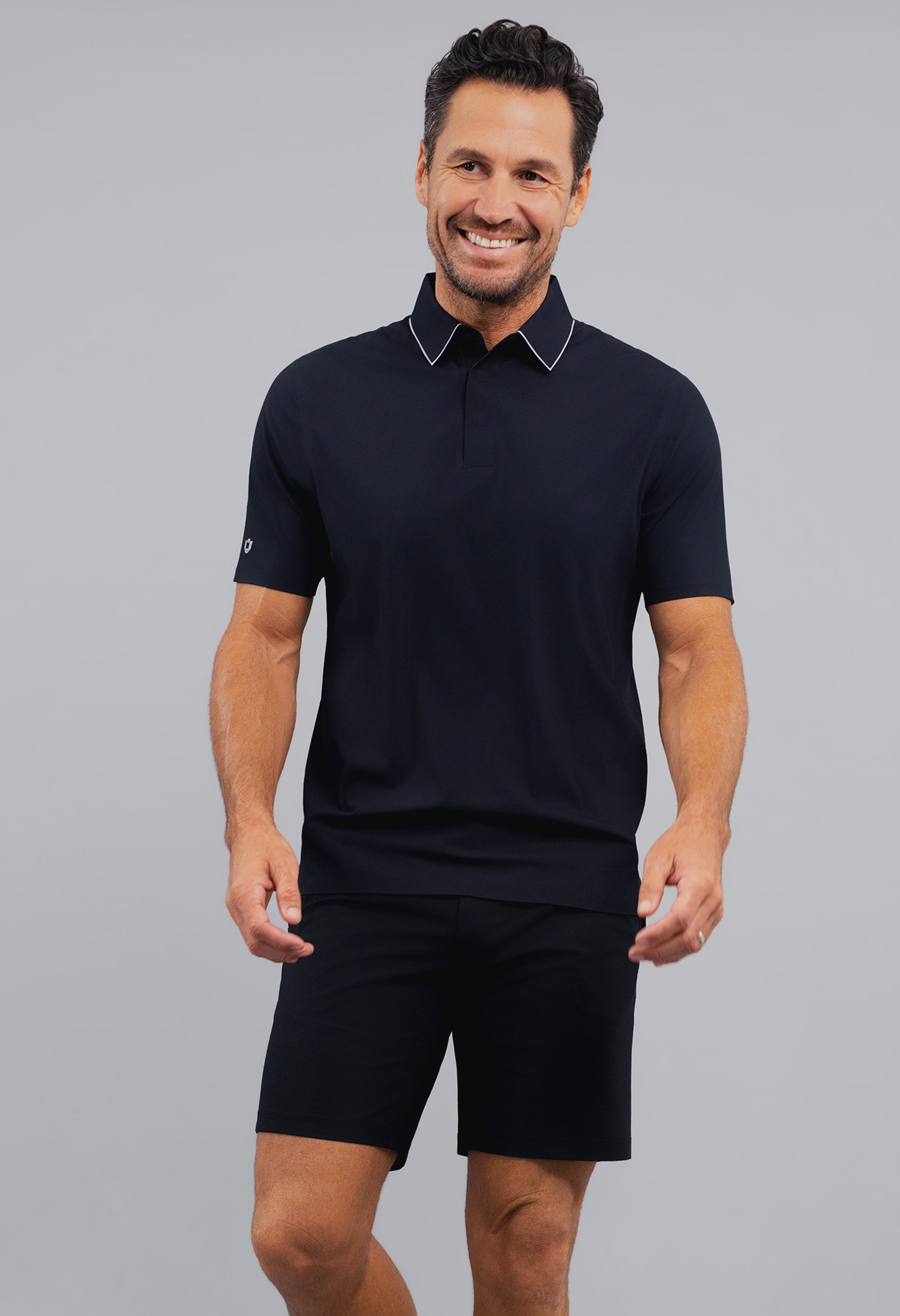 IBKÜL - Rib Knit Short Sleeve Polo - Color: Black/Platinum Trim