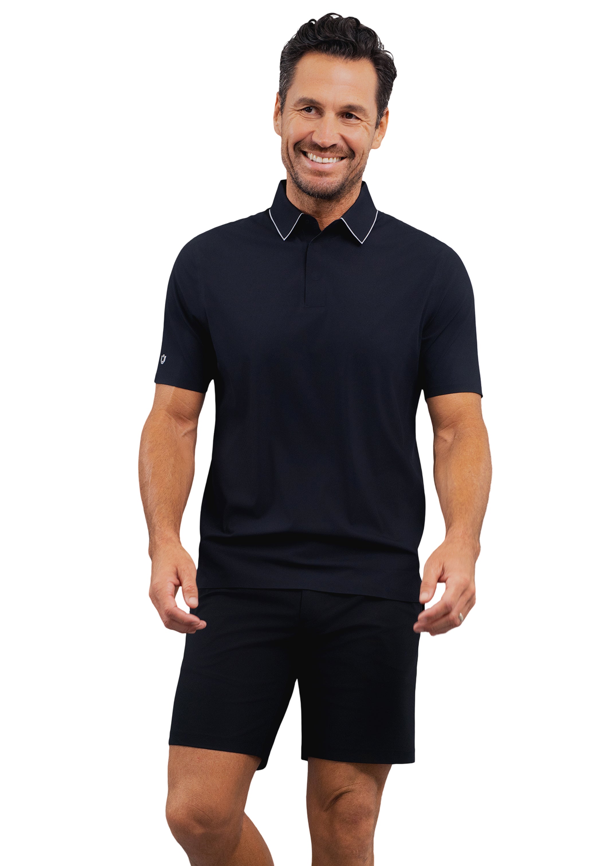 IBKÜL - Rib Knit Short Sleeve Polo - Color: Black/Platinum Trim
