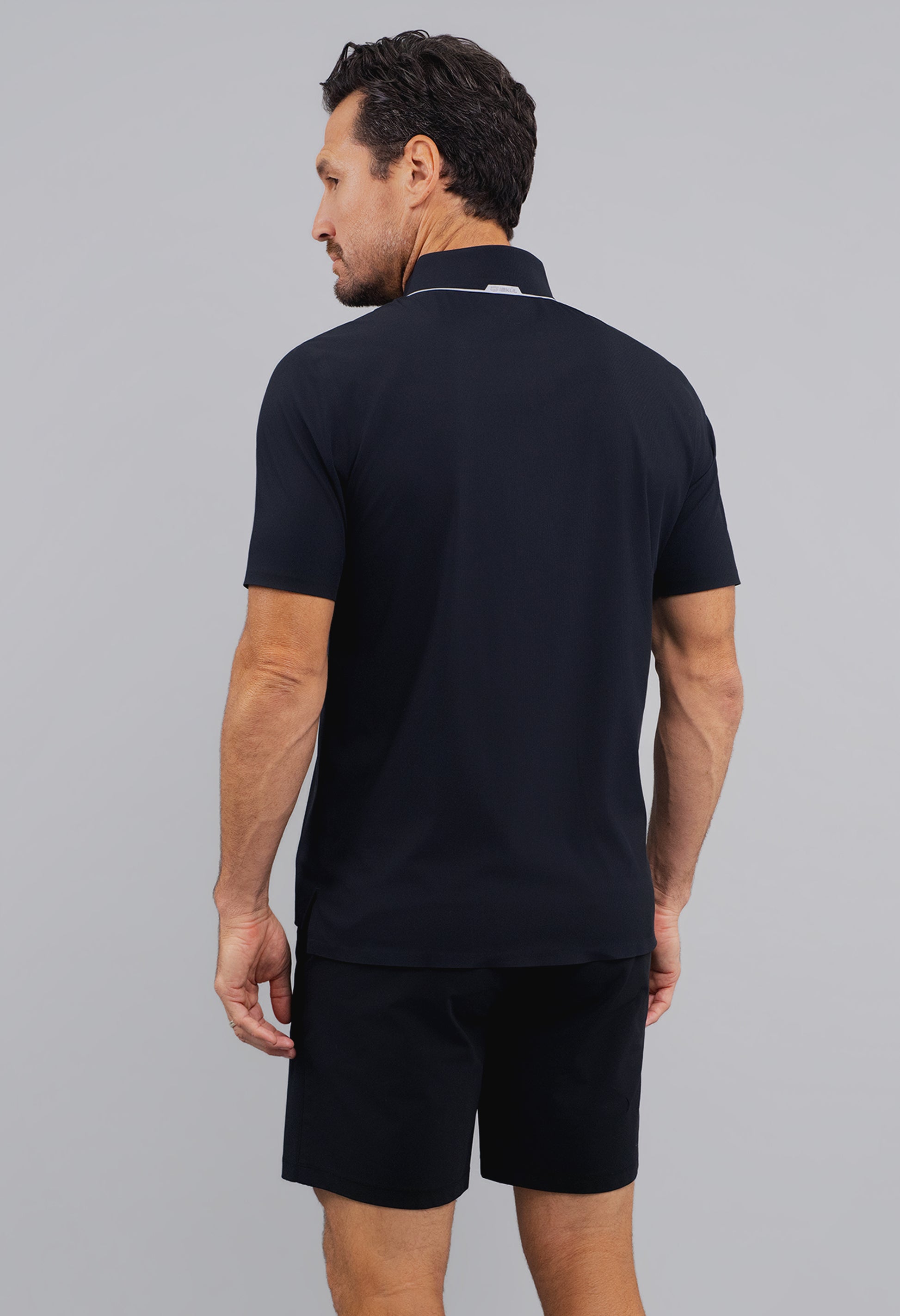 IBKÜL - Rib Knit Short Sleeve Polo - Color: Black/Platinum Trim