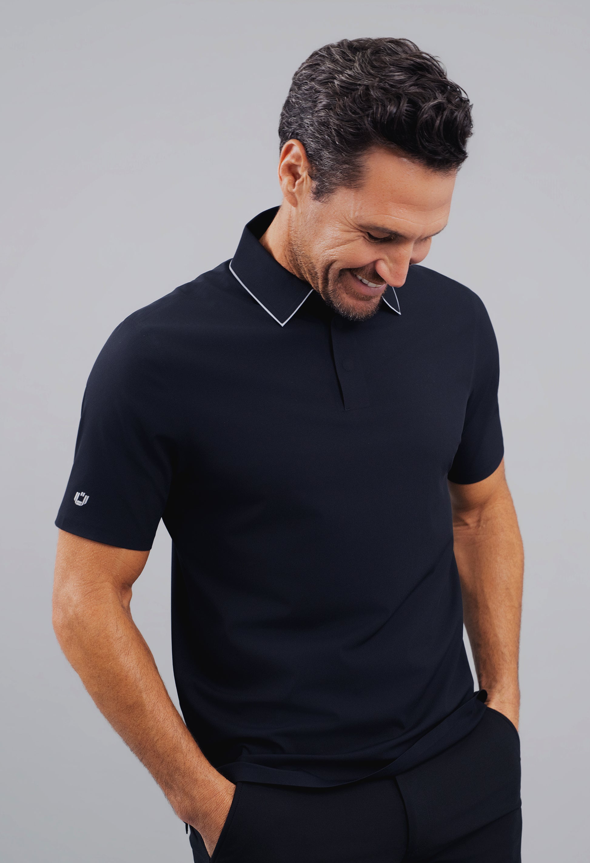 IBKÜL - Rib Knit Short Sleeve Polo - Color: Black/Platinum Trim