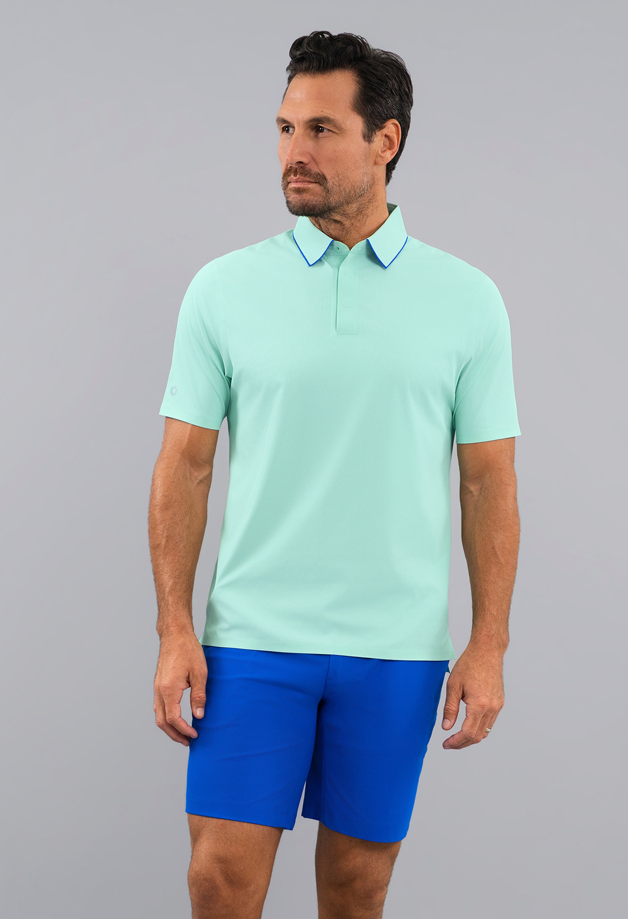 IBKÜL - Rib Knit Short Sleeve Polo - Color: Pool Party/Royal Trim