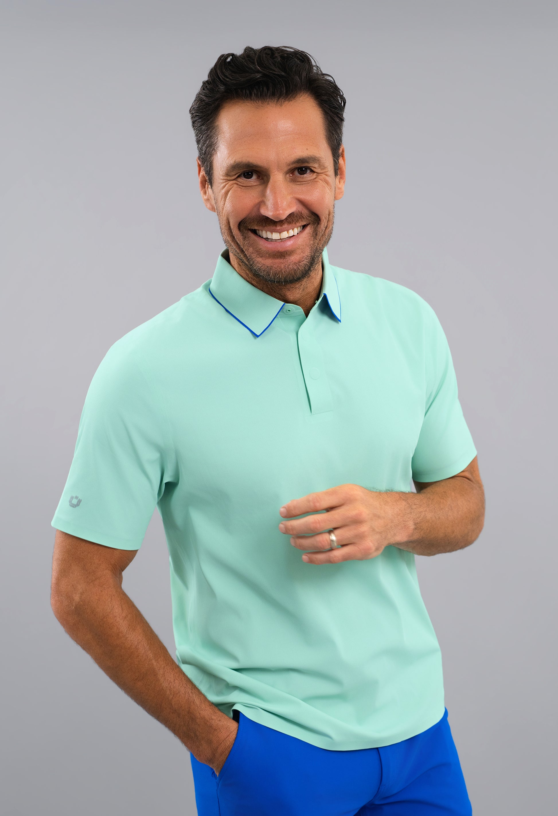 IBKÜL - Rib Knit Short Sleeve Polo - Color: Black/Platinum Trim