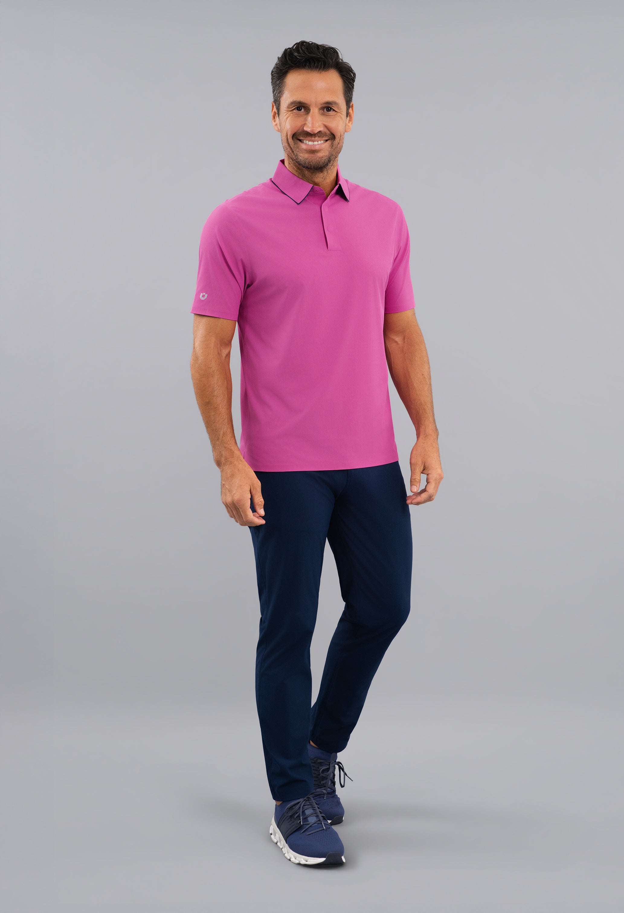 IBKÜL - Rib Knit Short Sleeve Polo - Color: Black/Platinum Trim