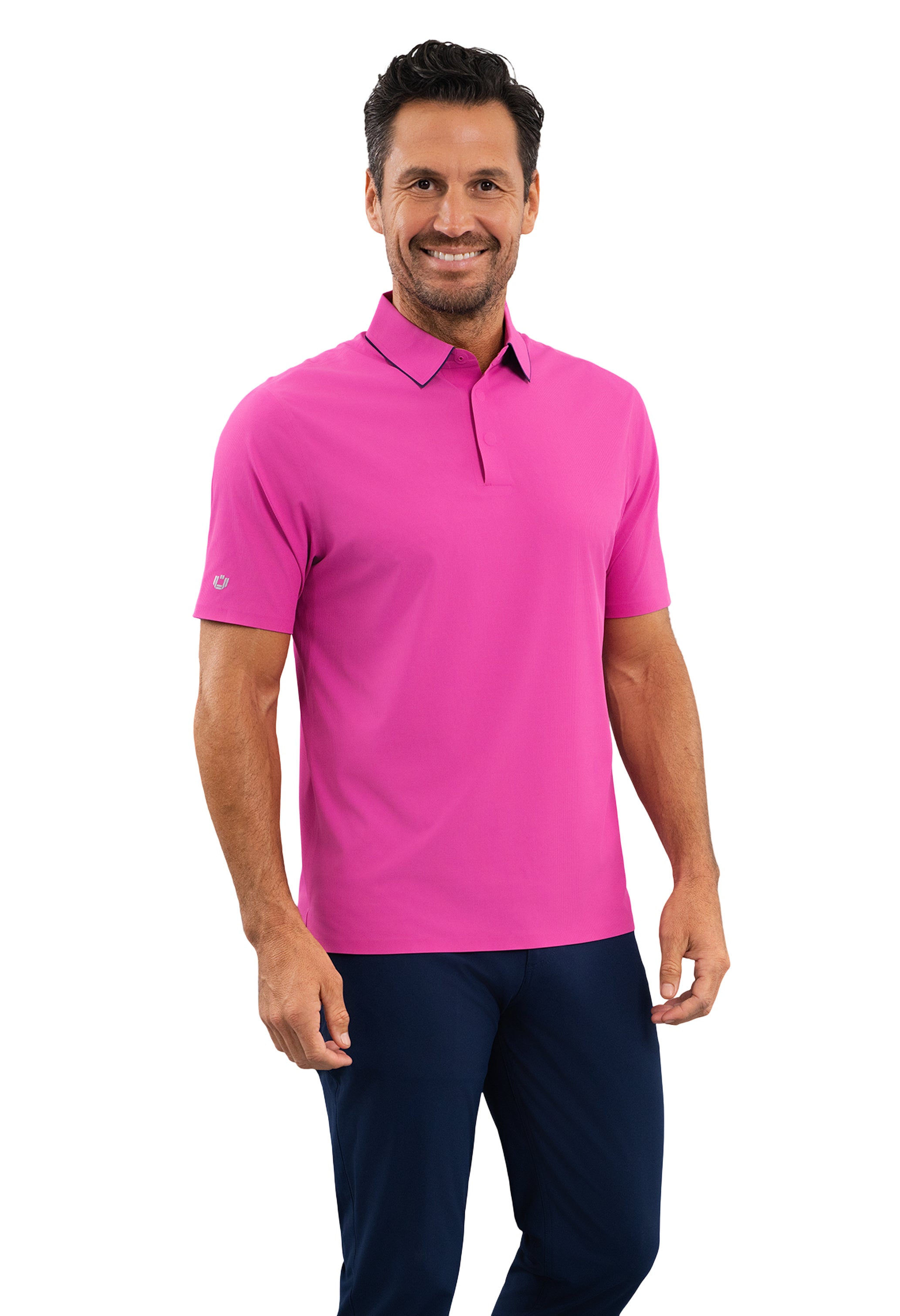 IBKÜL - Rib Knit Short Sleeve Polo - Color: Black/Platinum Trim