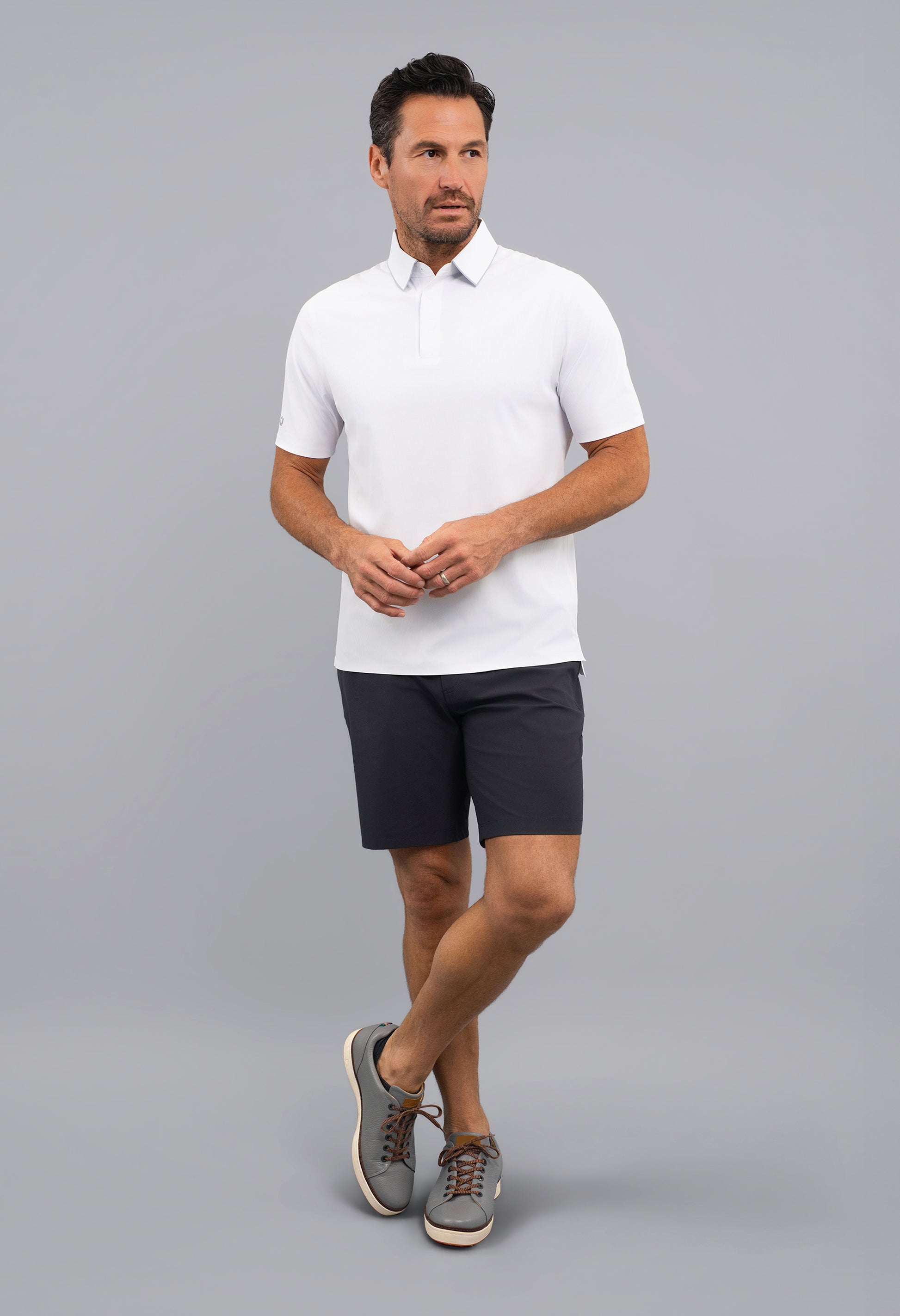 IBKÜL - Rib Knit Short Sleeve Polo - Color: Black/Platinum Trim
