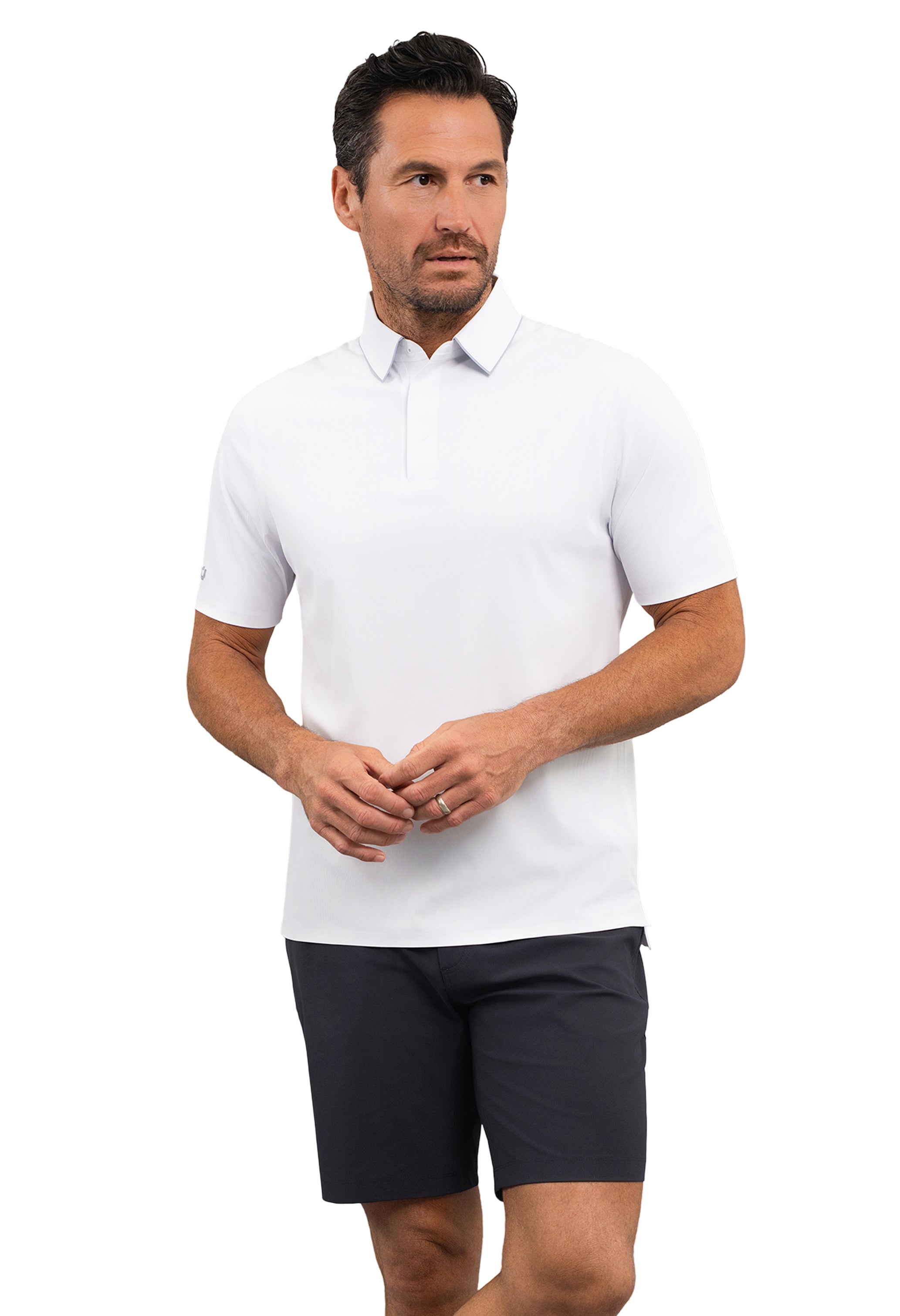 IBKÜL - Rib Knit Short Sleeve Polo - Color: Black/Platinum Trim