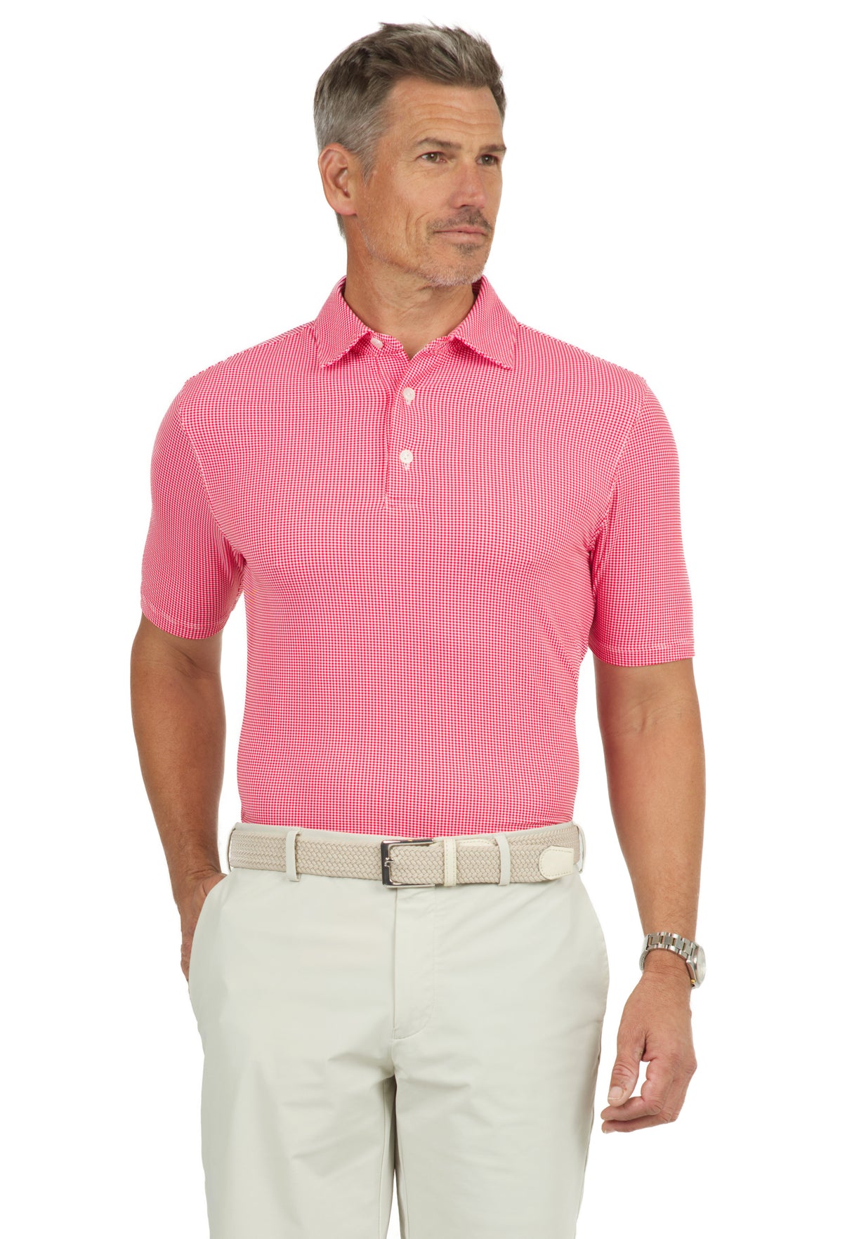 IBKÜL - Mini Check Print Short Sleeve Polo – 94754 (Modern Fit) - Color: Red/White