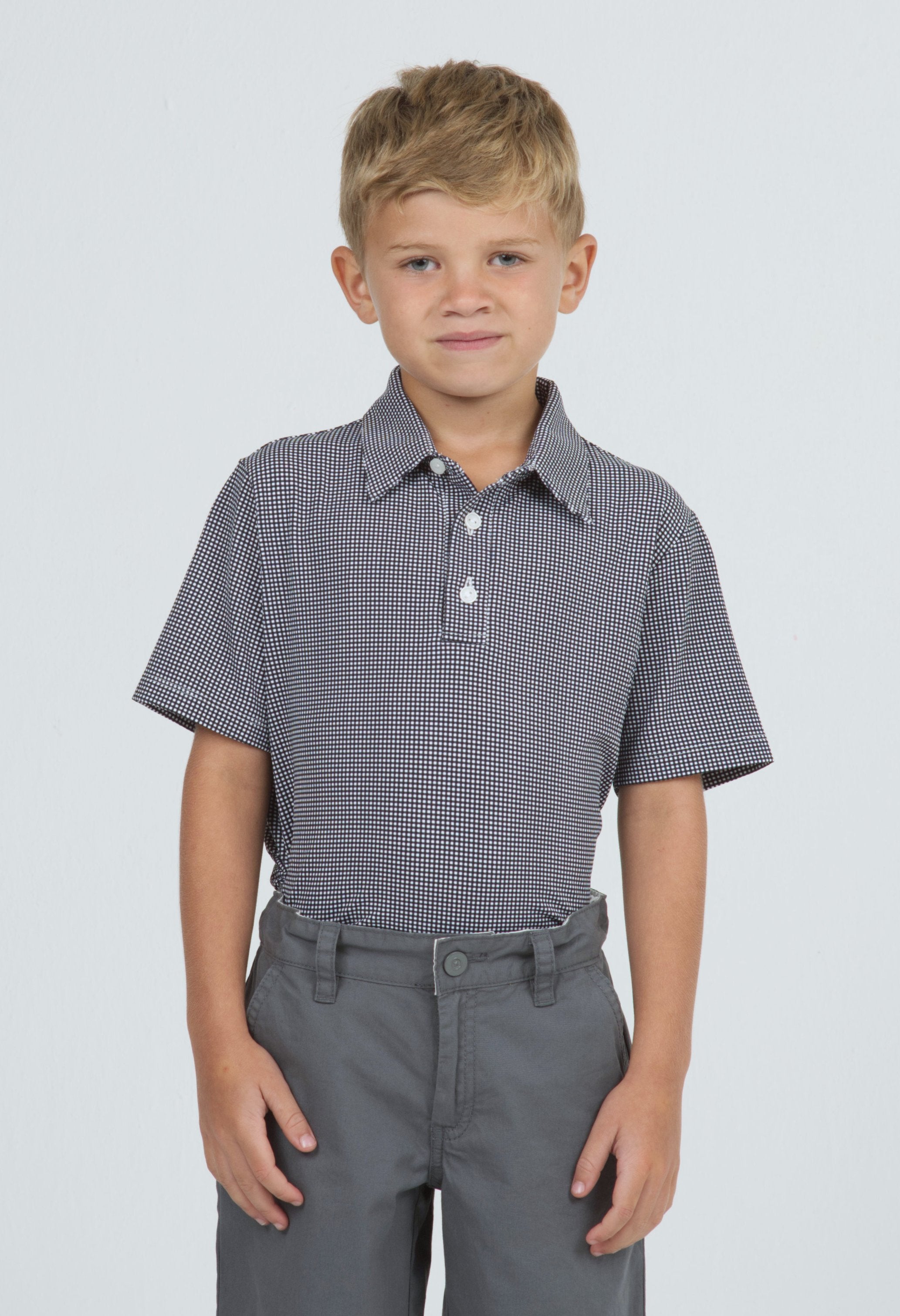 Youth Mini Check Print Short Sleeve Polo
