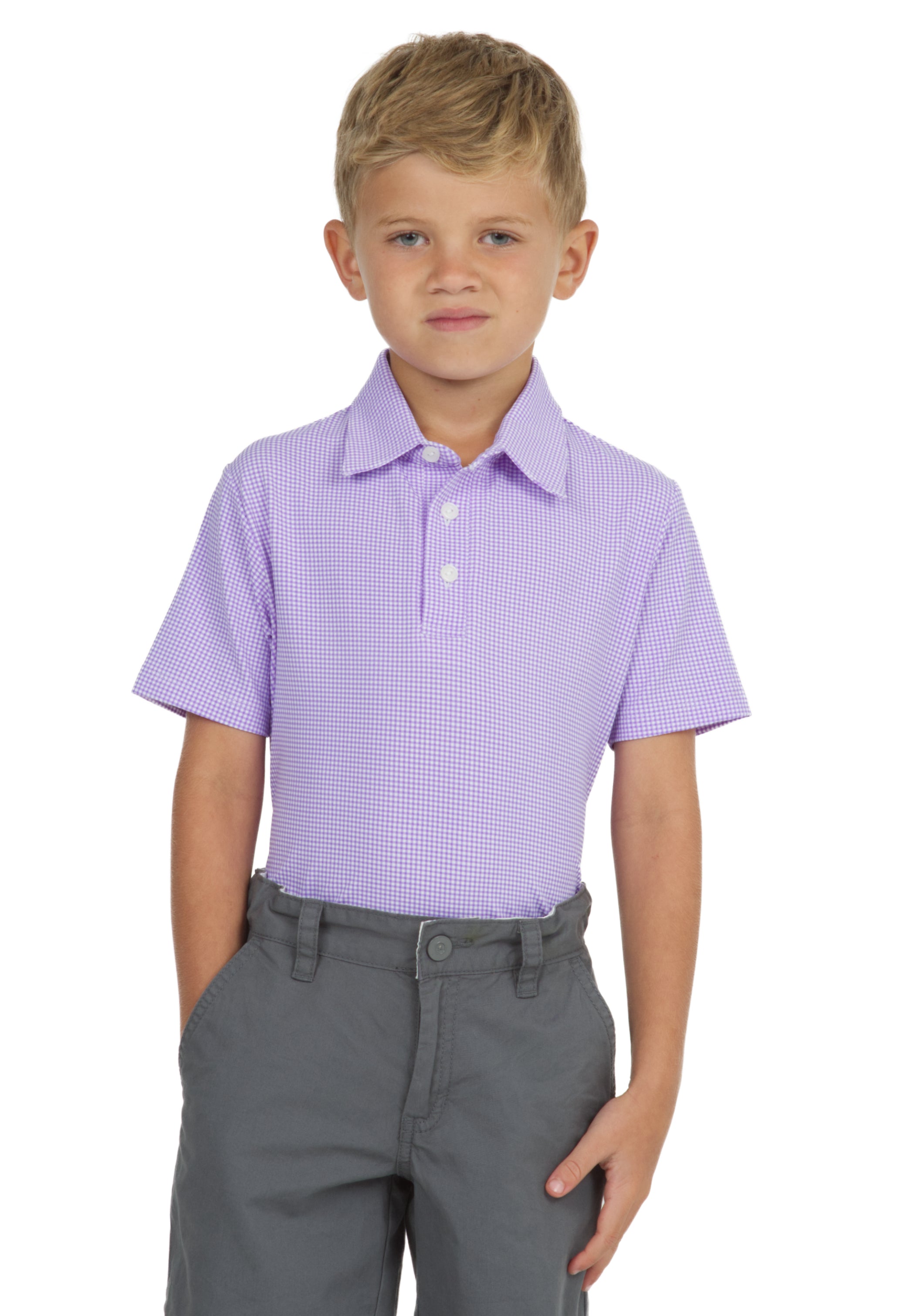 IBKÜL - Youth Mini Check Print Short Sleeve Polo - 94754B - Color: Lt. Violet/White