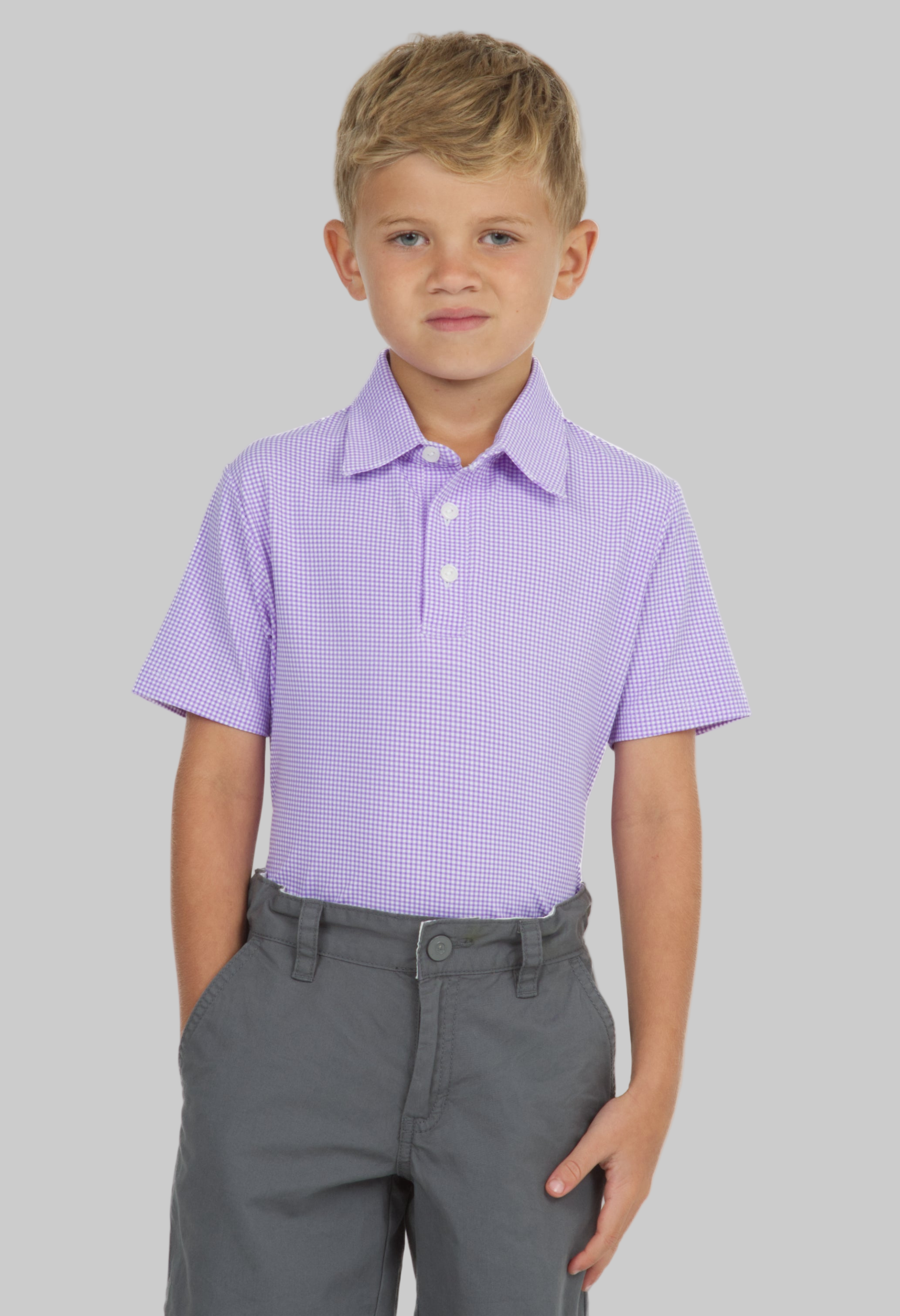 Youth Mini Check Print Short Sleeve Polo