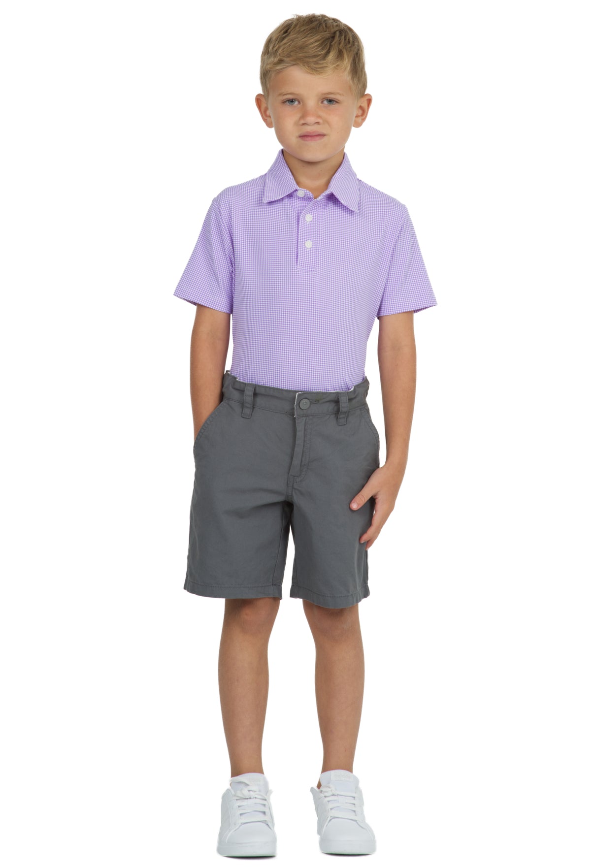 IBKÜL - Youth Mini Check Print Short Sleeve Polo - 94754B - Color: Lt. Violet/White