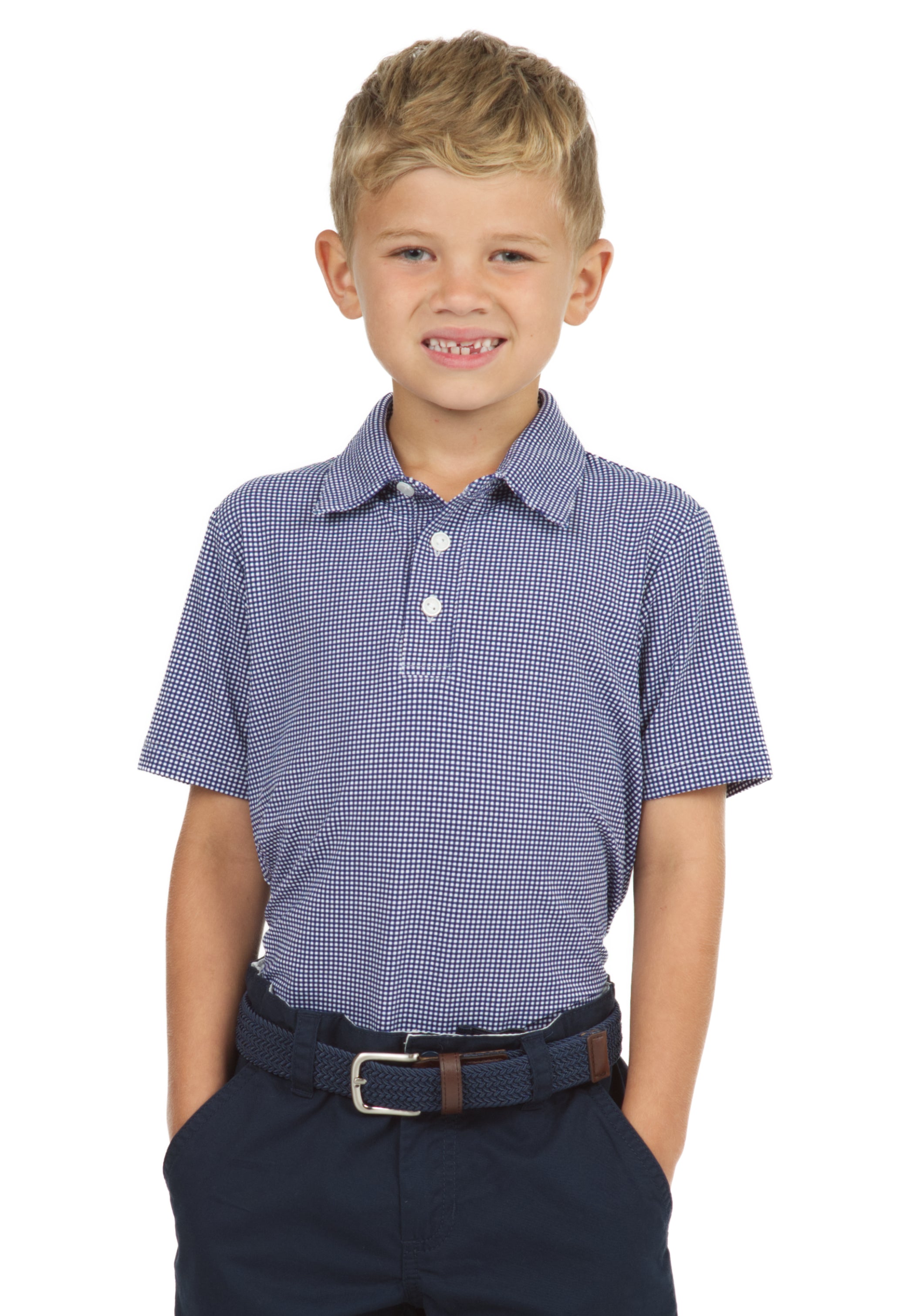 IBKÜL - Youth Mini Check Print Short Sleeve Polo - 94754B - Color: Navy/White