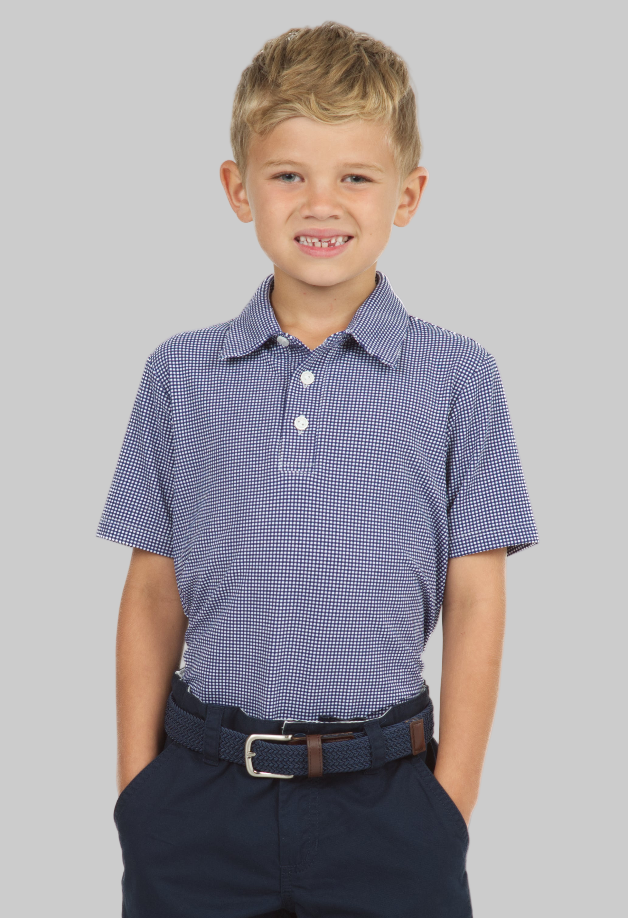 Youth Mini Check Print Short Sleeve Polo