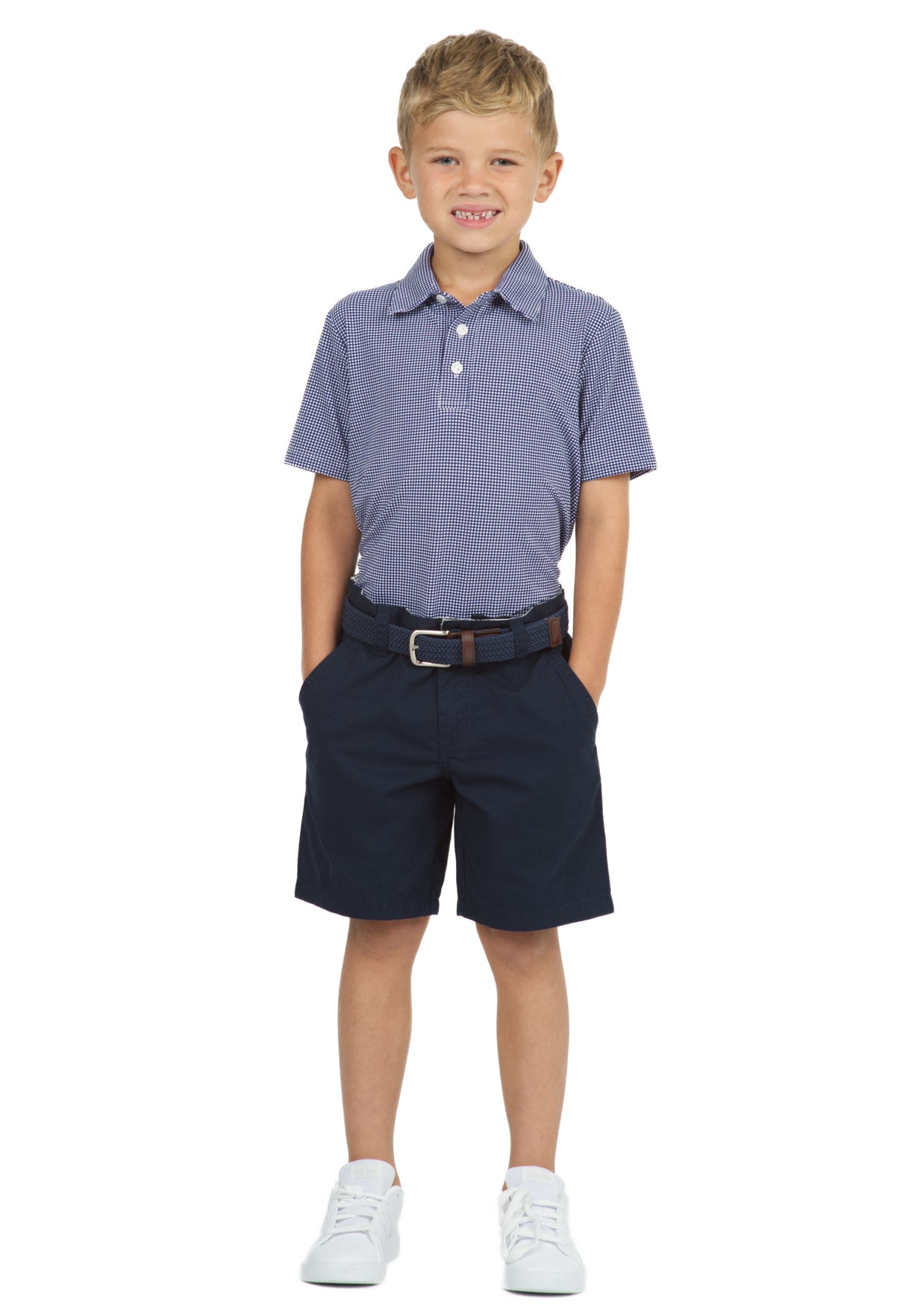 IBKÜL - Youth Mini Check Print Short Sleeve Polo - 94754B - Color: Navy/White