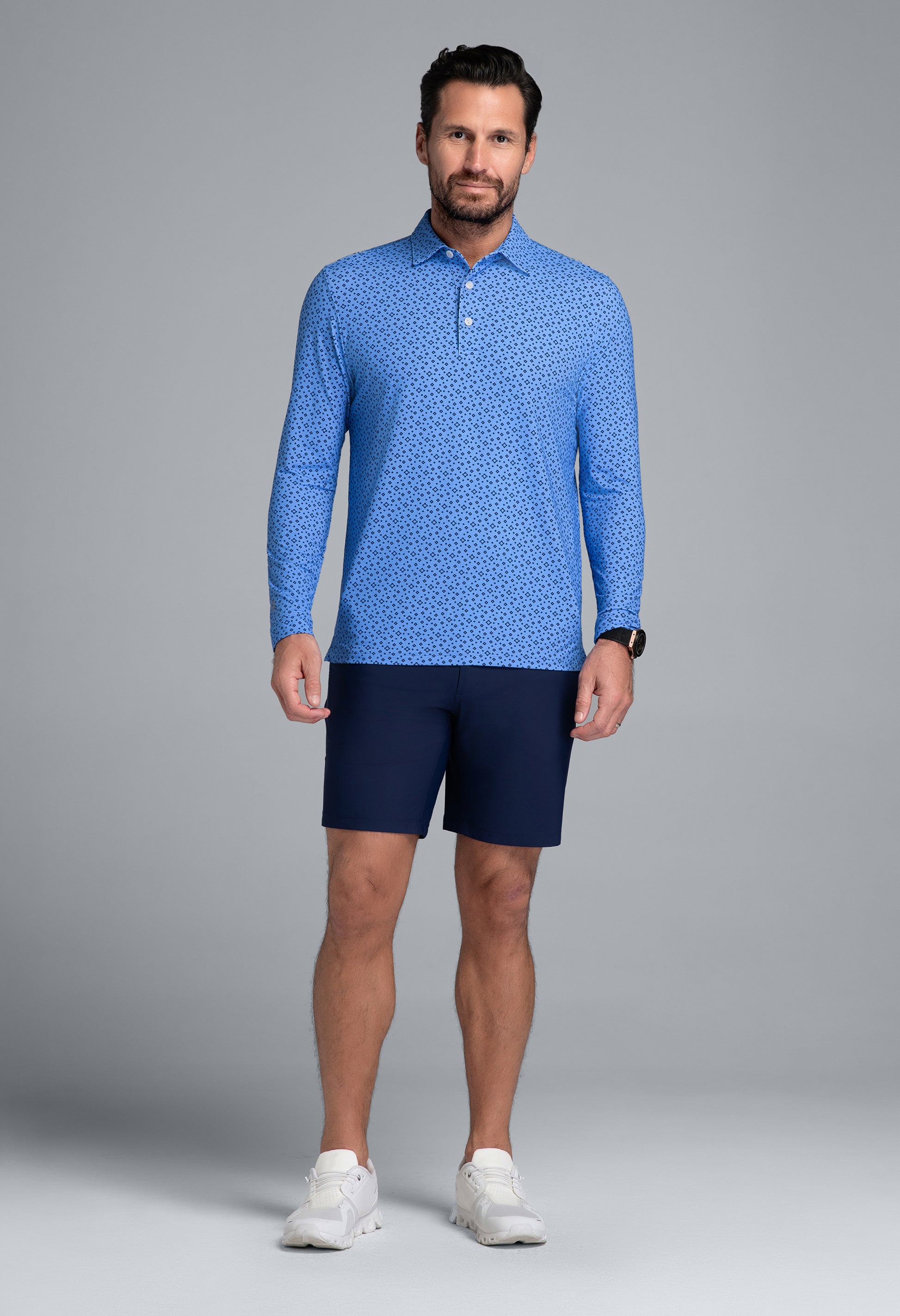 IBKÜL - Twinkle Twinkle Print Long Sleeve Polo (Modern Fit) - Color: Peri/Ink