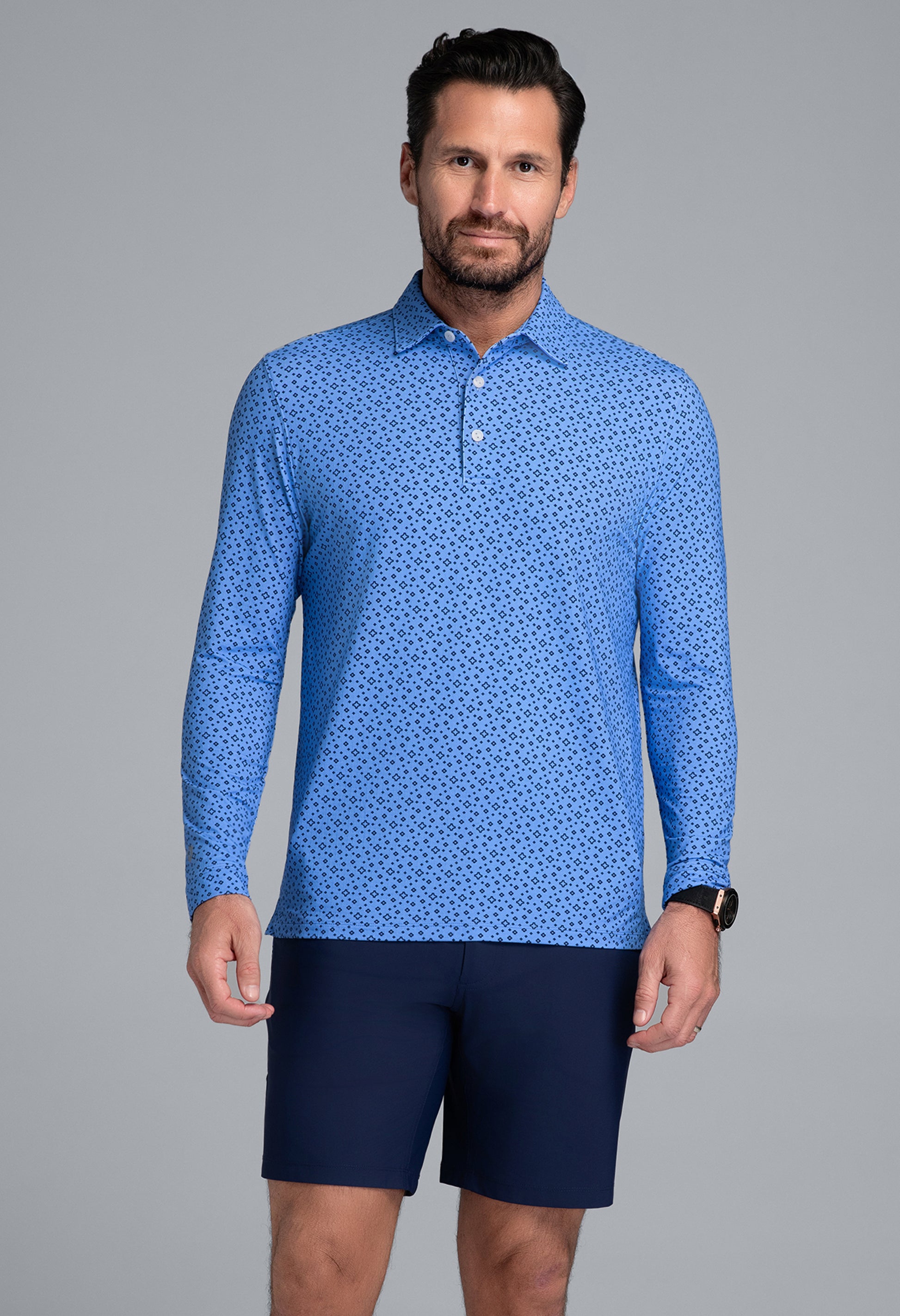 IBKÜL - Twinkle Twinkle Print Long Sleeve Polo (Modern Fit) - Color: Peri/Ink