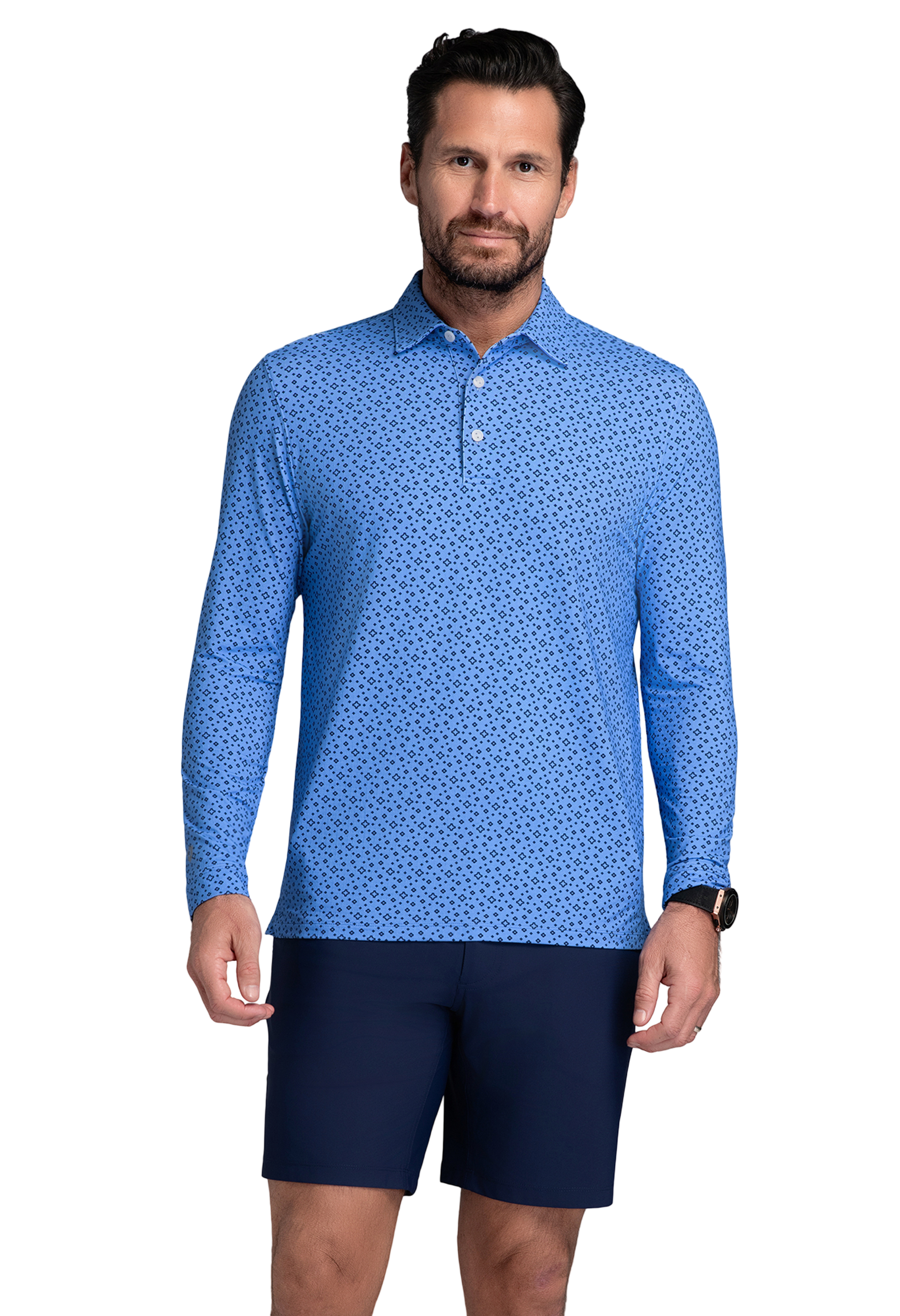 IBKÜL - Twinkle Twinkle Print Long Sleeve Polo (Modern Fit) - Color: Peri/Ink