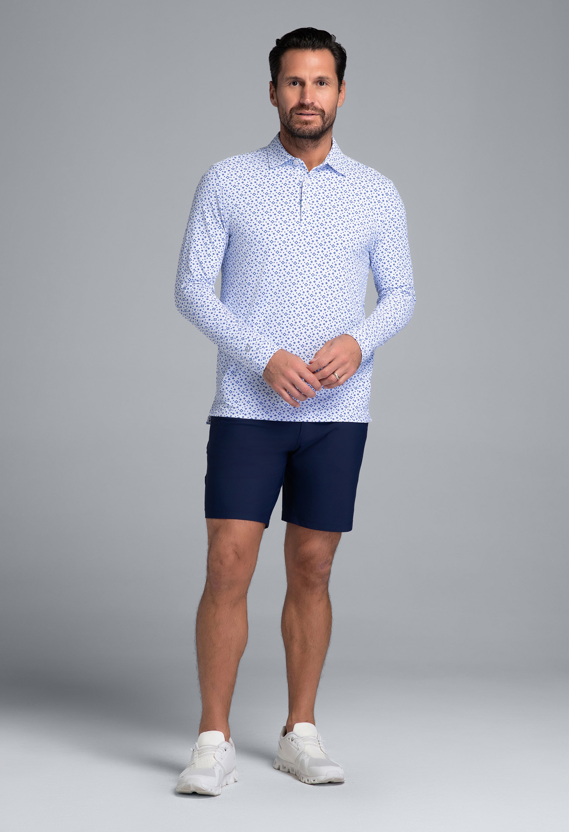 IBKÜL - Twinkle Twinkle Print Long Sleeve Polo (Modern Fit) - Color: White/Royal