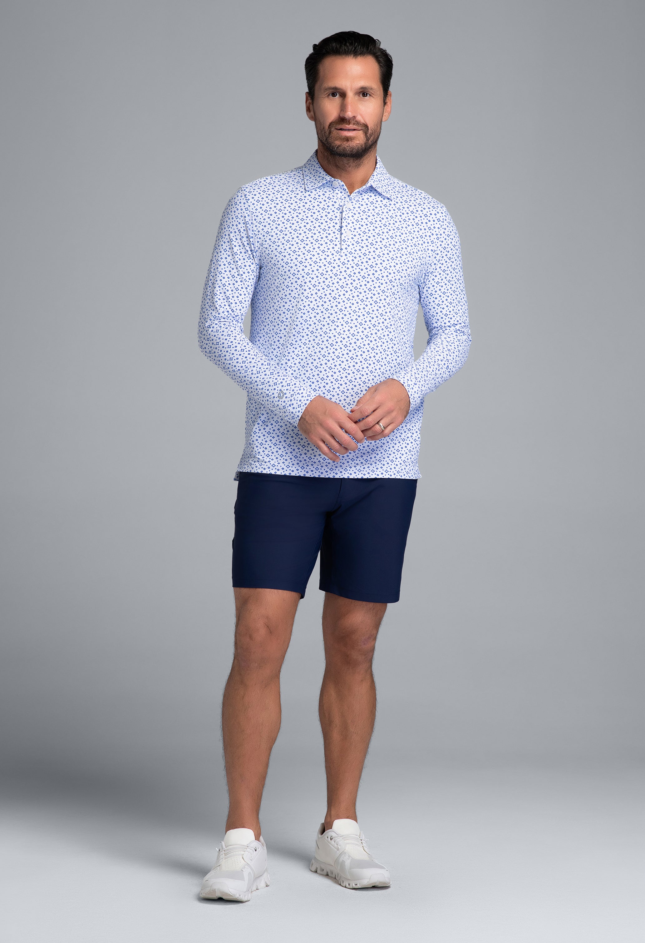 IBKÜL - Twinkle Twinkle Print Long Sleeve Polo (Modern Fit) - Color: White/Royal